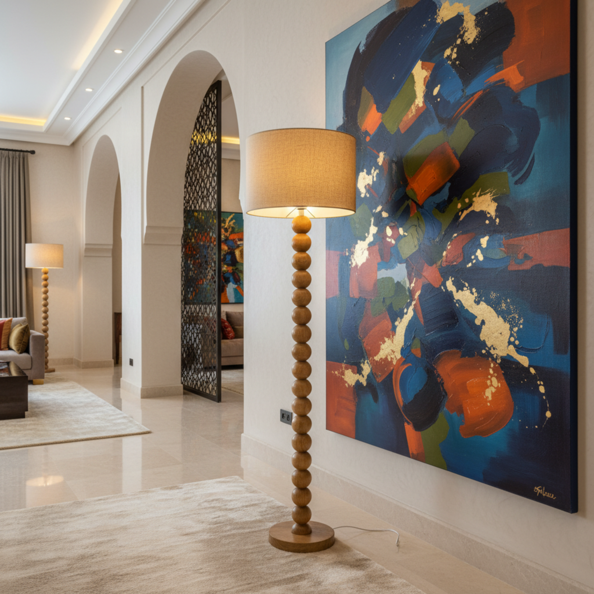 Lampadaire Artisanal en Bois Rouge – Sculpture Fait Main Luxe Tunisie