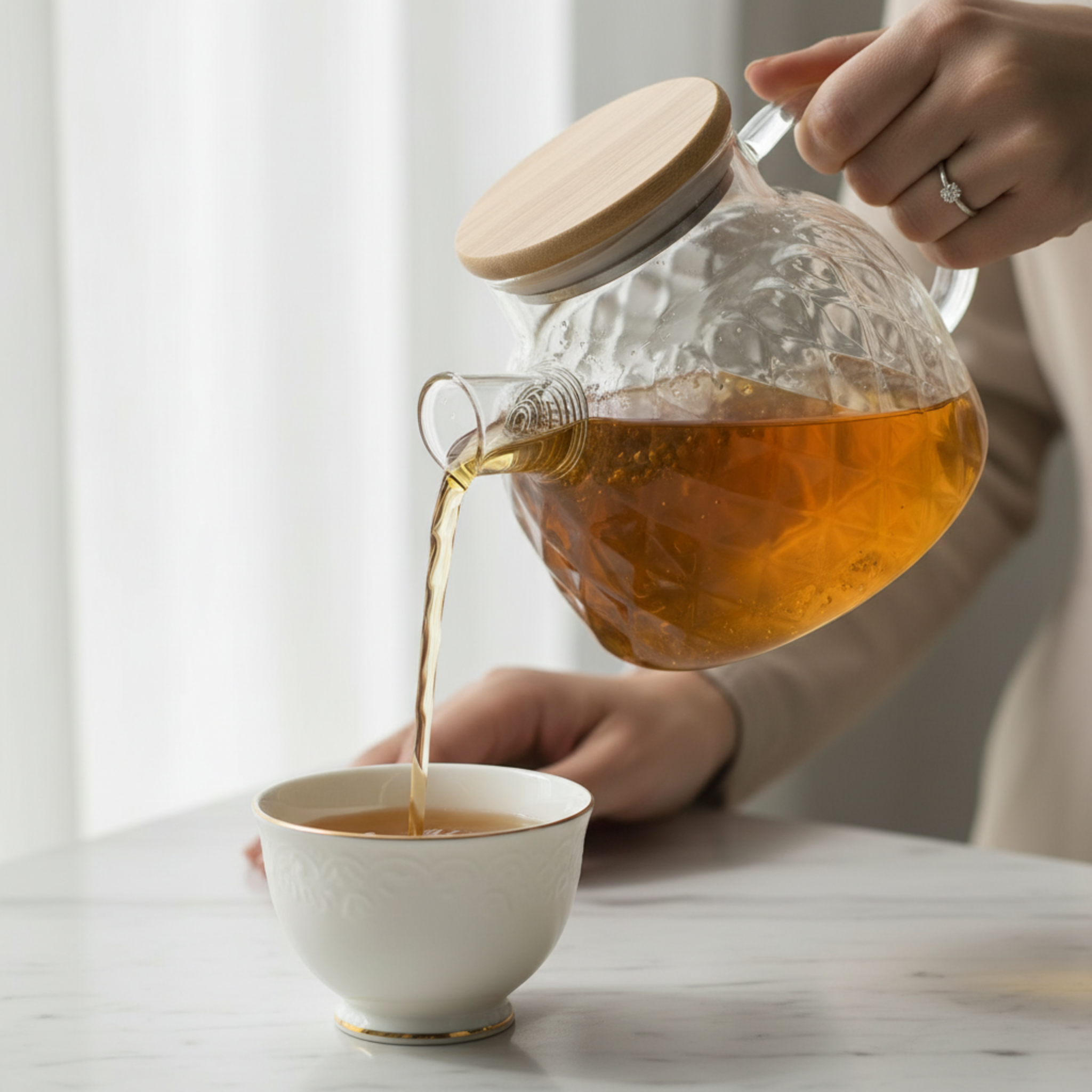 Théière en Verre Texturé & Couvercle Bambou – Design Élégant