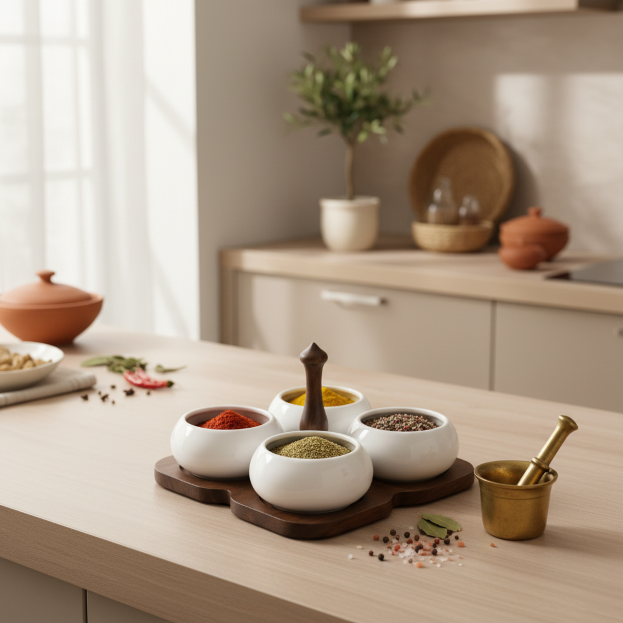 Service Apéritif 4 Bols Céramique & Plateau Bois – Design Élégant