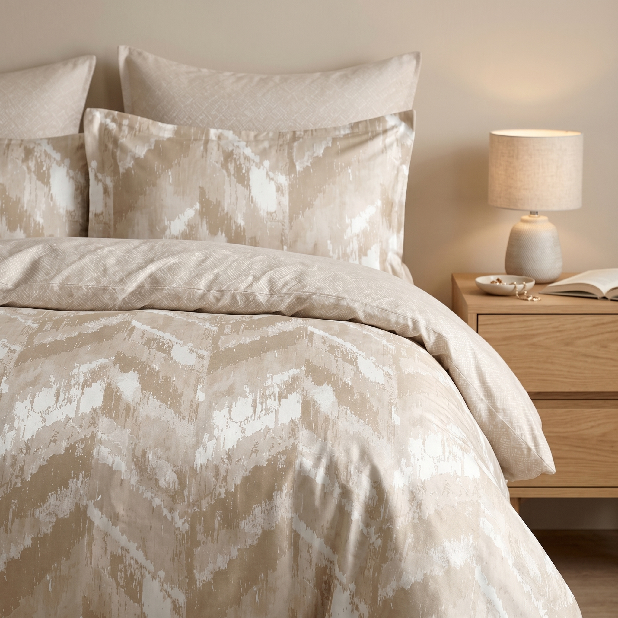 Ensemble Parure de Lit Satin Coton Motif Chevron Ikat Beige | Fiolla Home