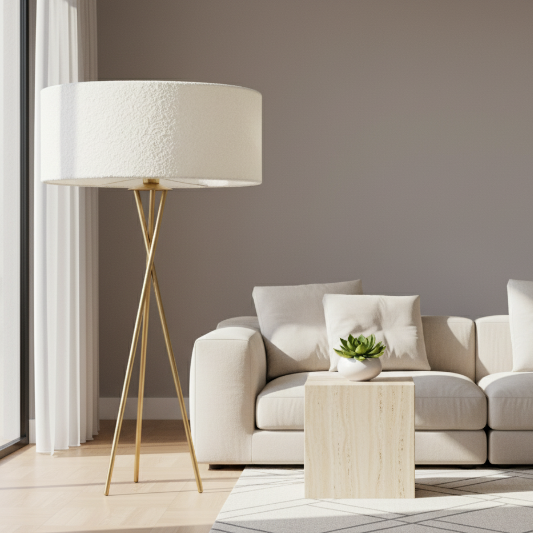 Lampadaire Doré Tripode – Abat-jour Tissu Bouclette