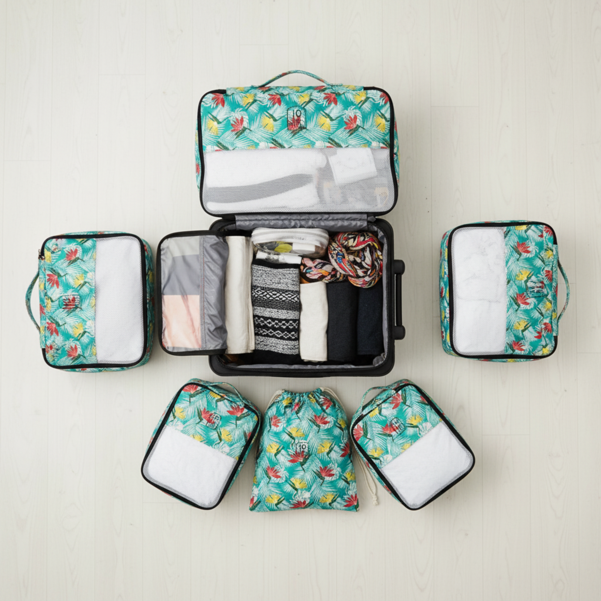Set 6 Organisateurs de Valise Voyage - Pochettes de Rangement Tropical