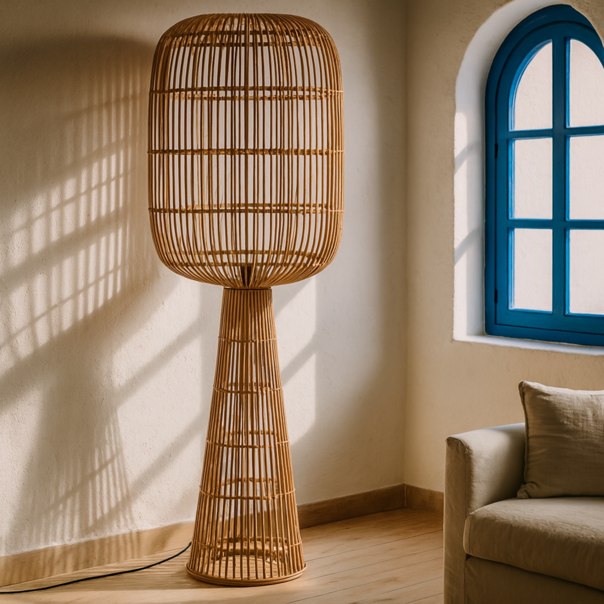 Lampadaire Sur Pied en Rotin Naturel – Design Bohème & Fait Main