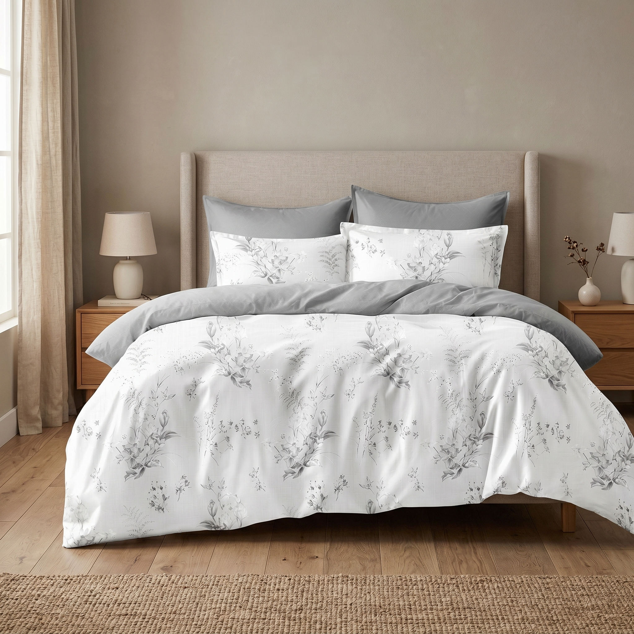 Ensemble Parure de Lit Satin Coton Motif Floral Blanc Gris | Fiolla Home