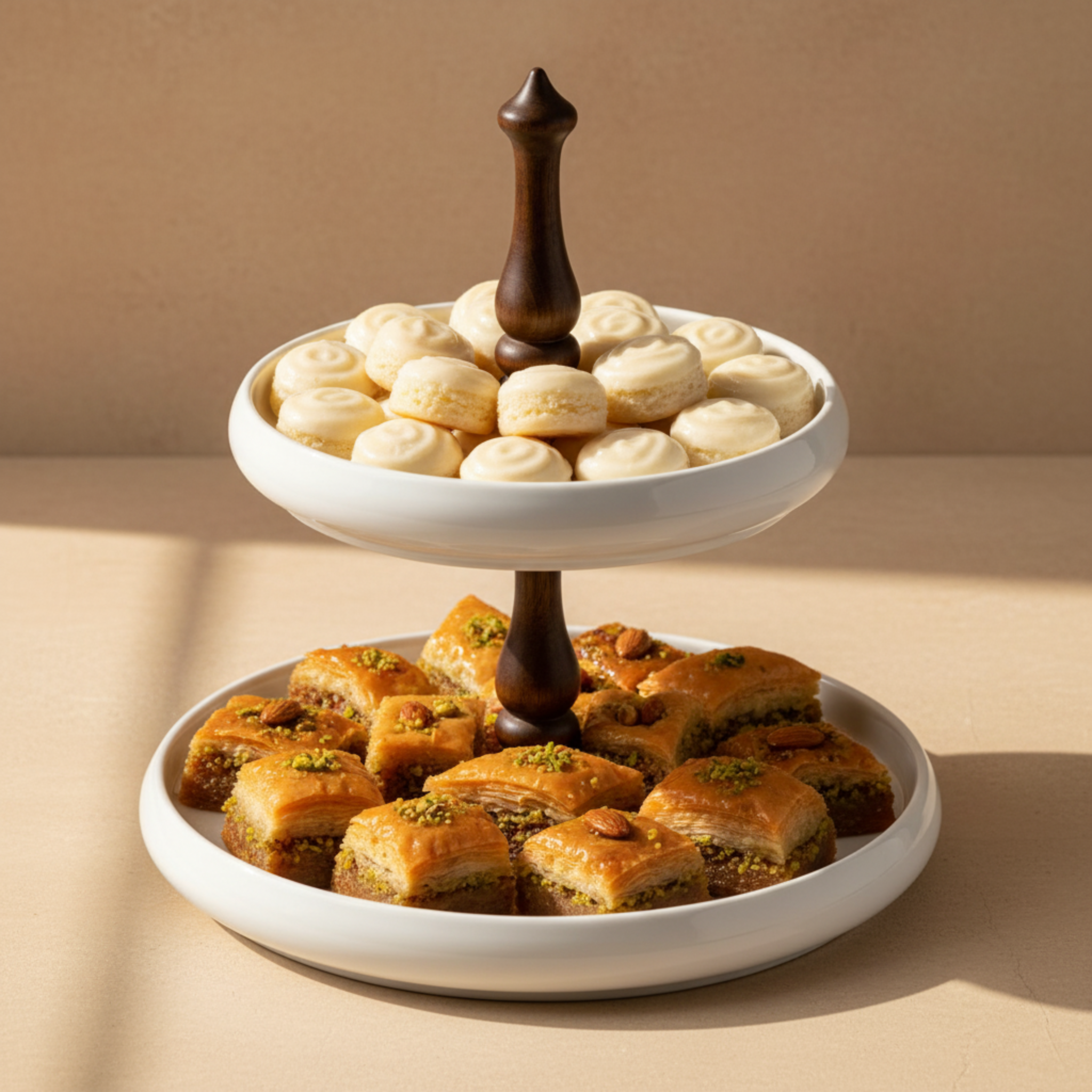 Serviteur 2 Étages Design en Céramique & Bois – Présentoir Chic