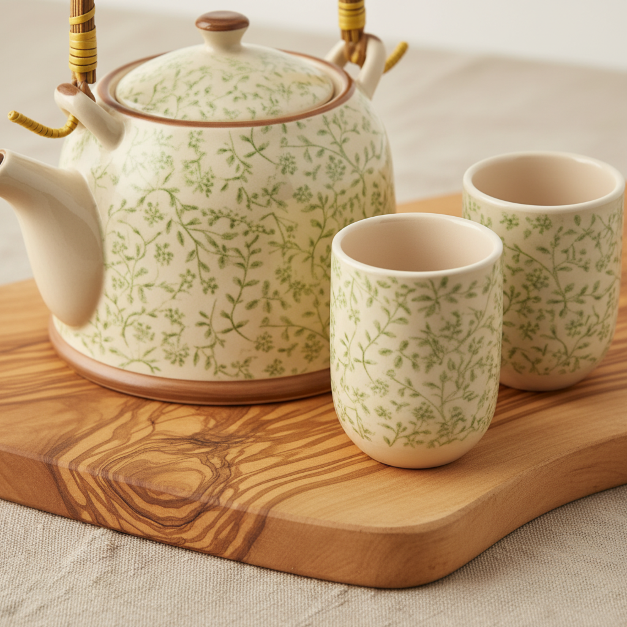 Service à Thé Crème Feuillage Vert – Céramique 7 pièces