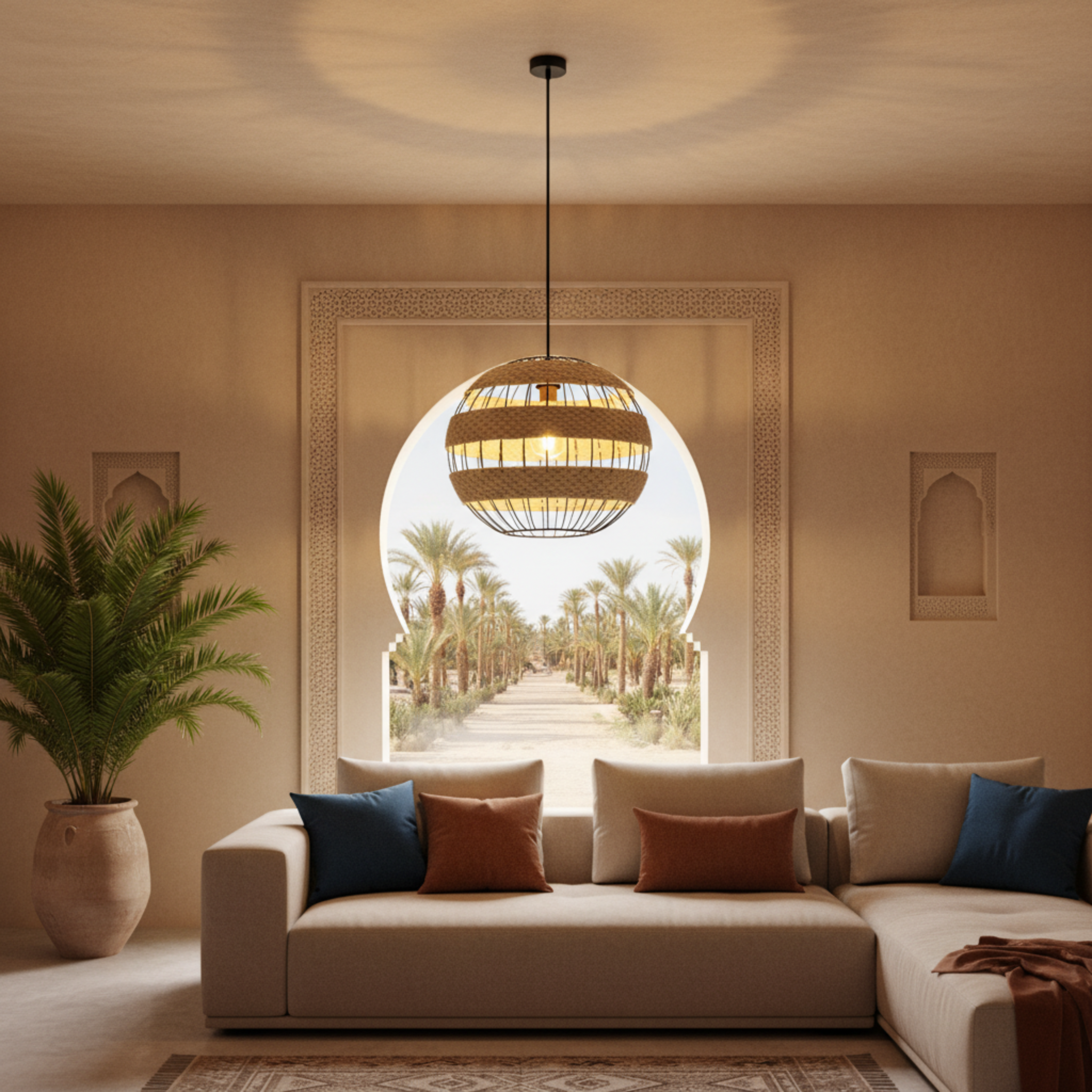 Suspension Sphérique "Vague Bohème" | Fibres Végétales & Métal | Tunisie