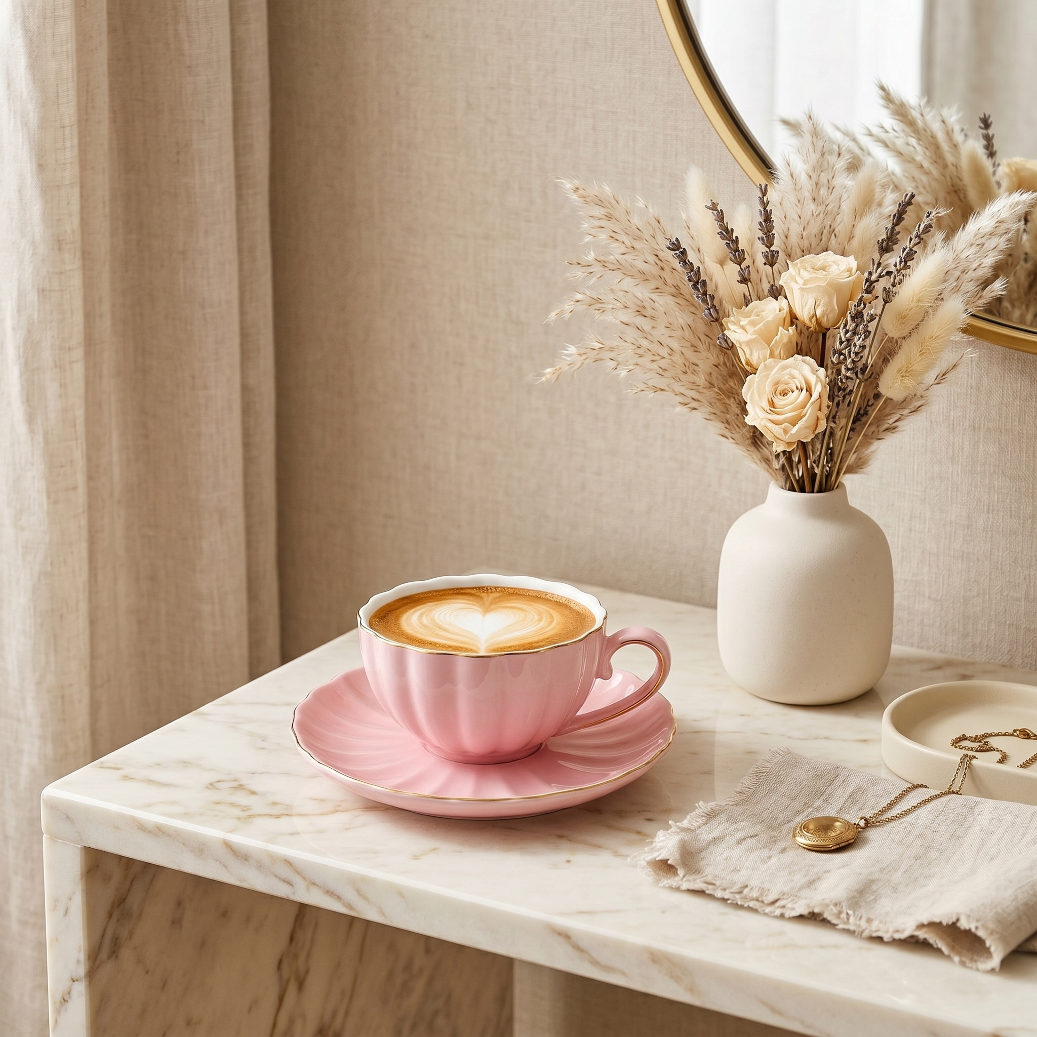 Tasse à Café Rose & Soucoupe Dorée | Porcelaine Premium | Fiolla Home