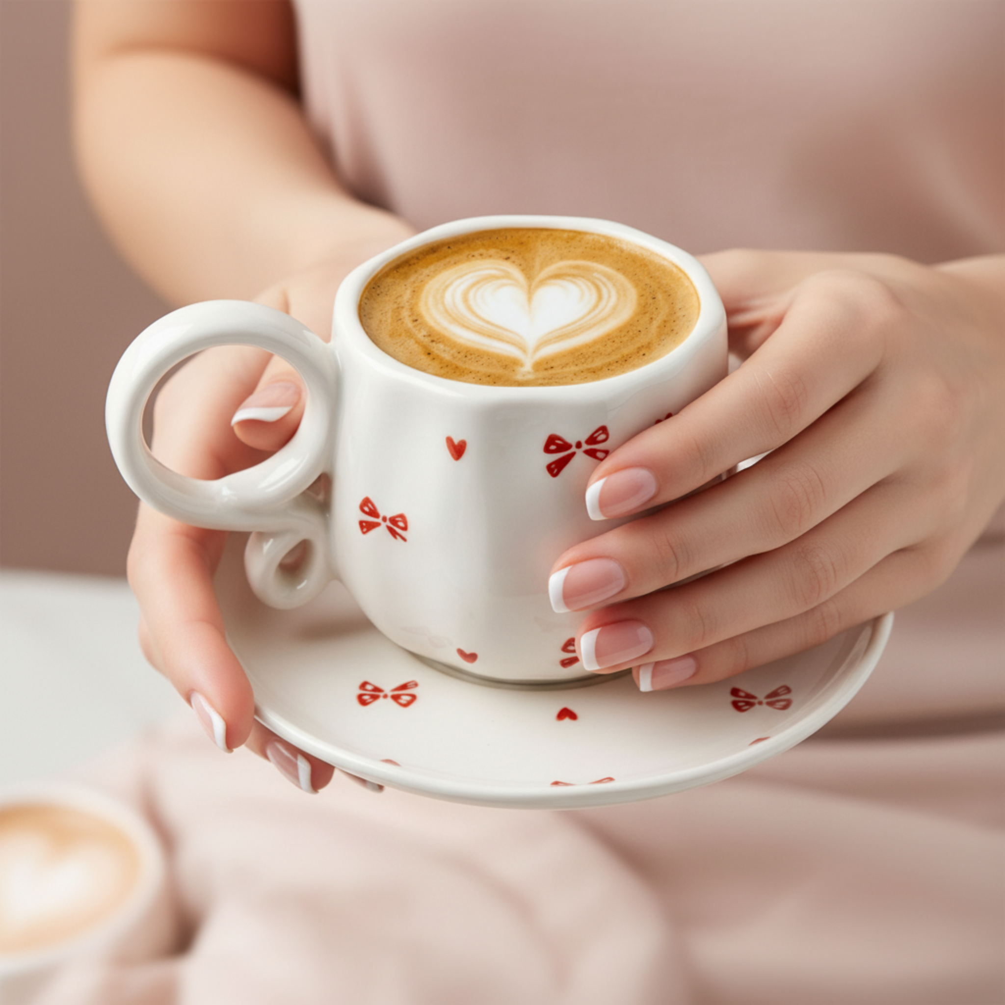 Tasse à Café Design Nœud Rouge & Soucoupe – Céramique Chic