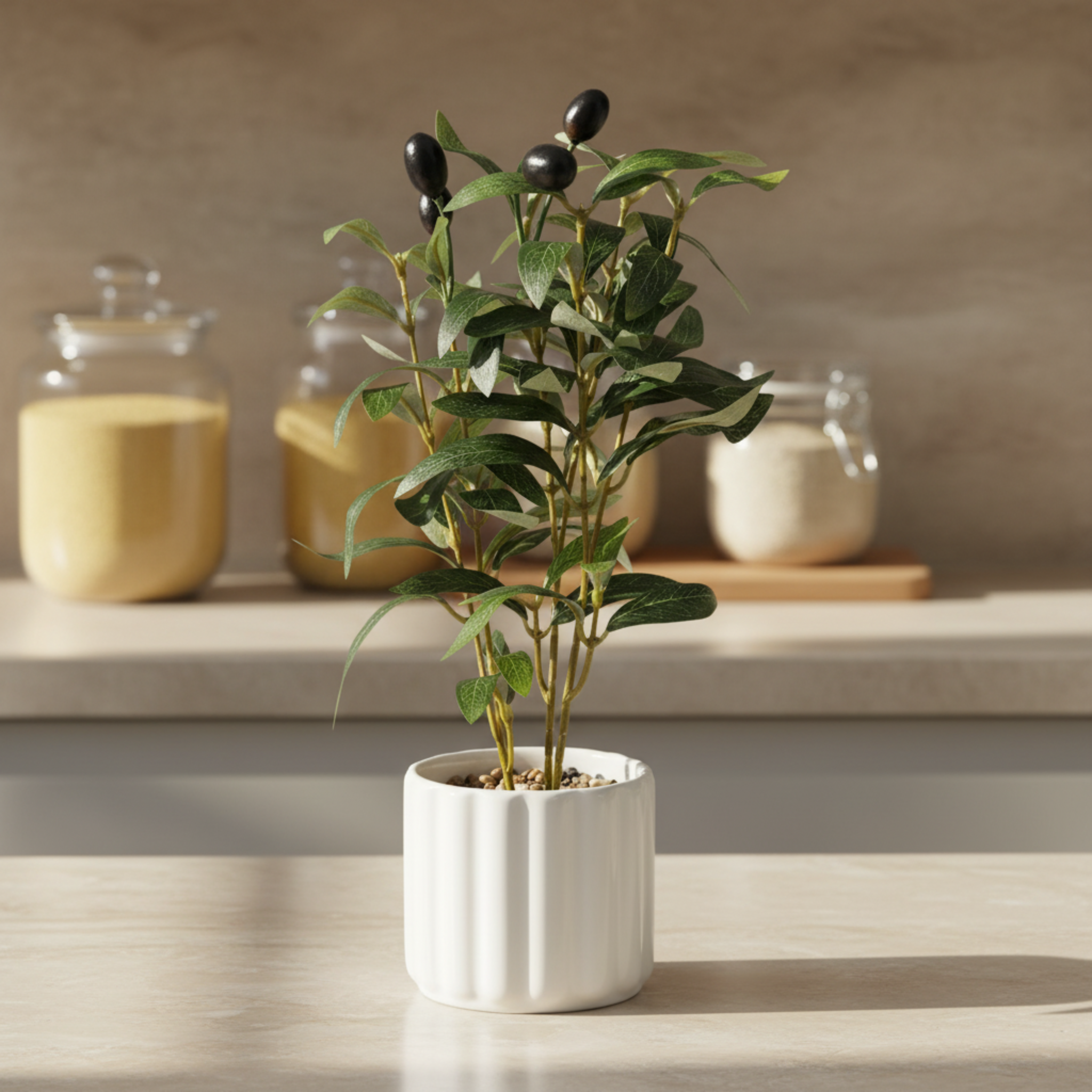 Olivier Artificiel en Pot Céramique Blanc - Déco Tunisie