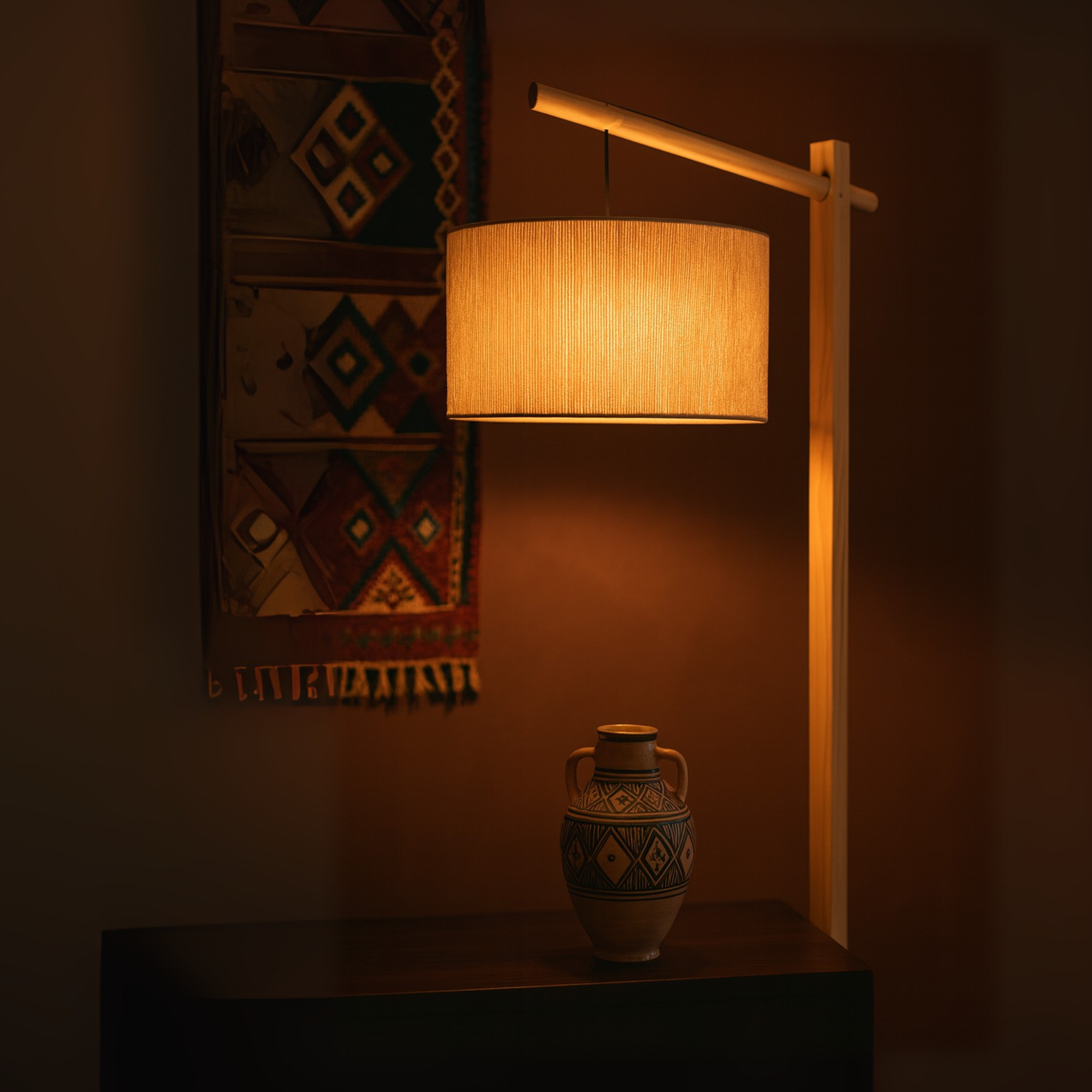 Lampadaire Bois à Bras Déporté | Abat-jour Jute | Fiolla Home Tunisie