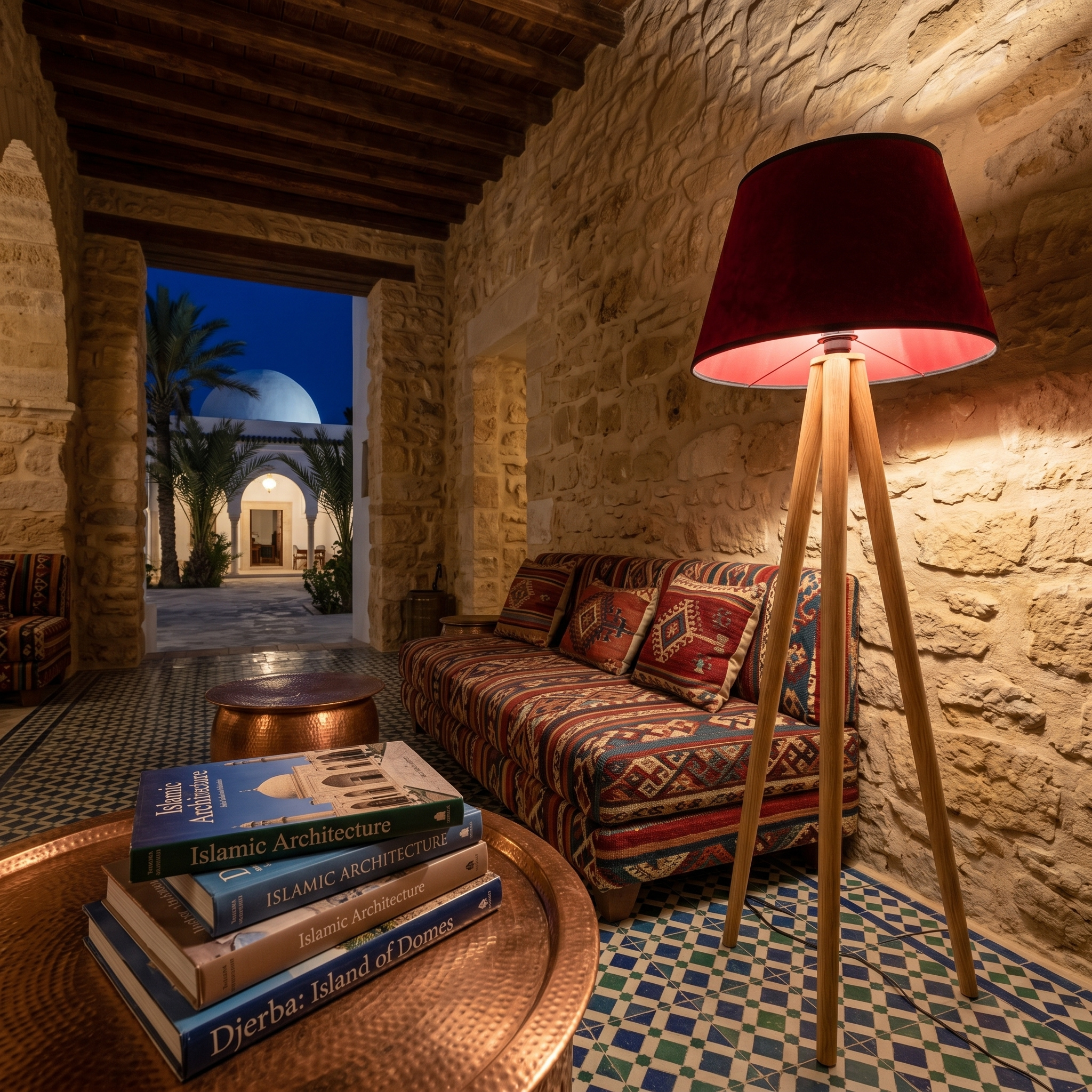 Lampadaire Trépied Bois | Abat-jour Bordeaux | Fiolla Home