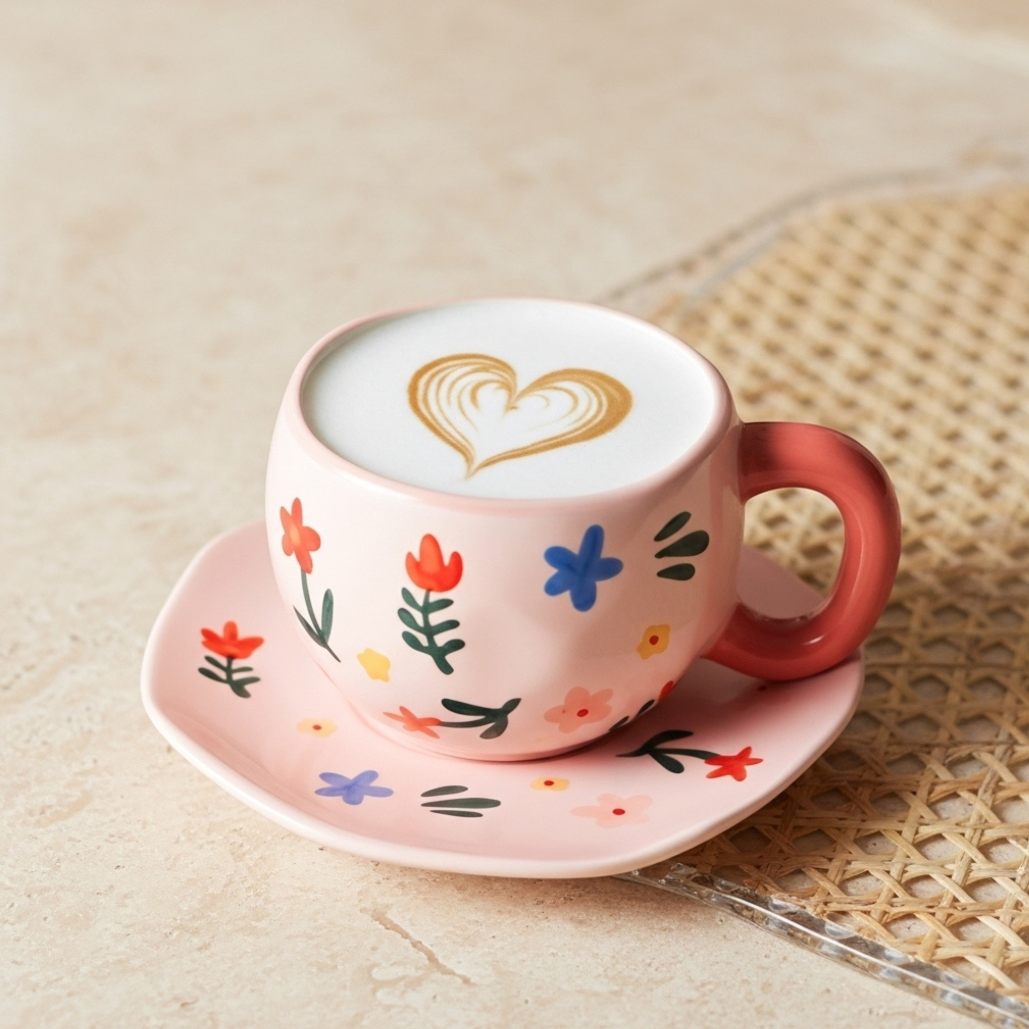 Tasse Fleurie Rose – Céramique Élégante avec Soucoupe Fiolla Home