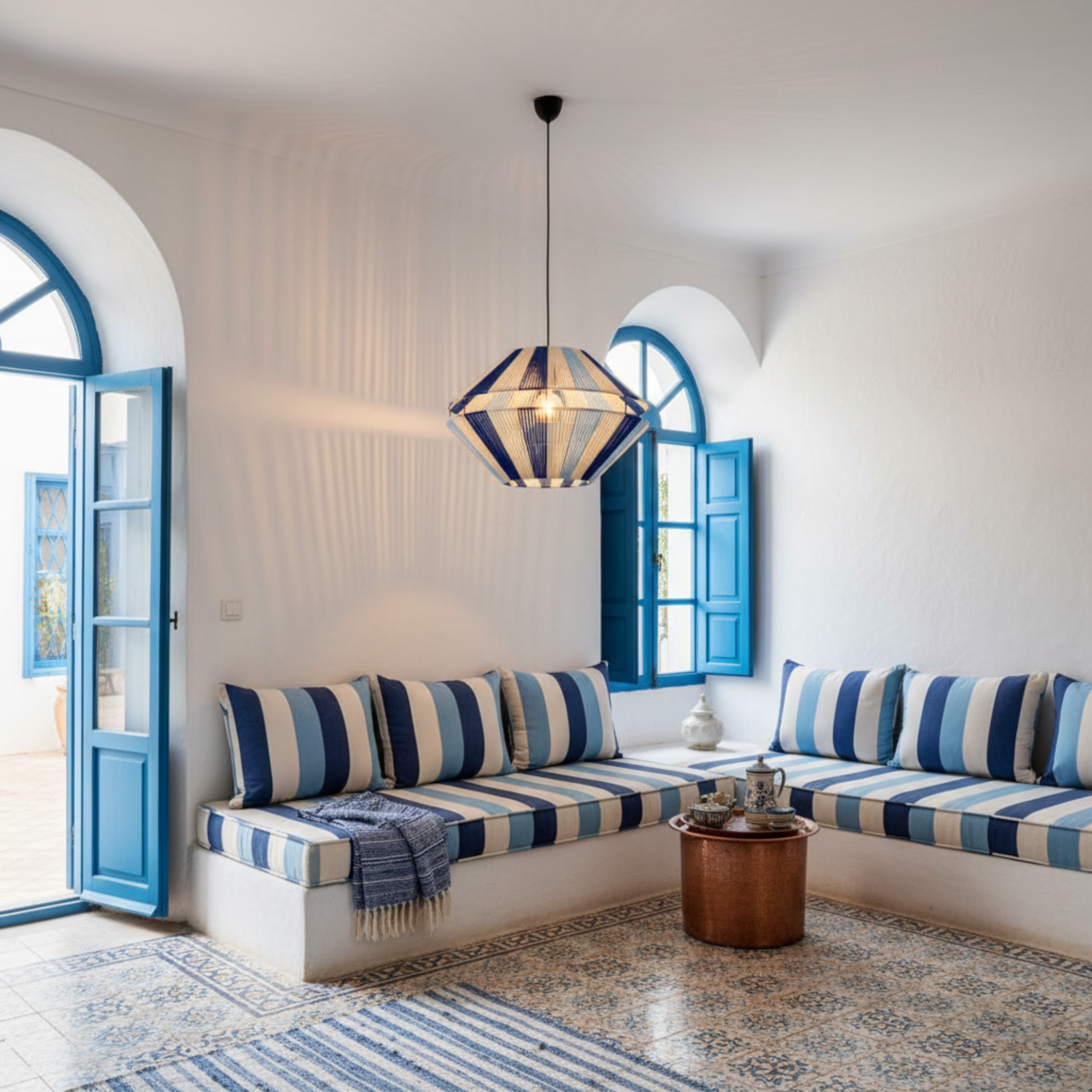 Suspension Géométrique Bleu & Blanc Fait Main | Design Méditerranéen Tunisien