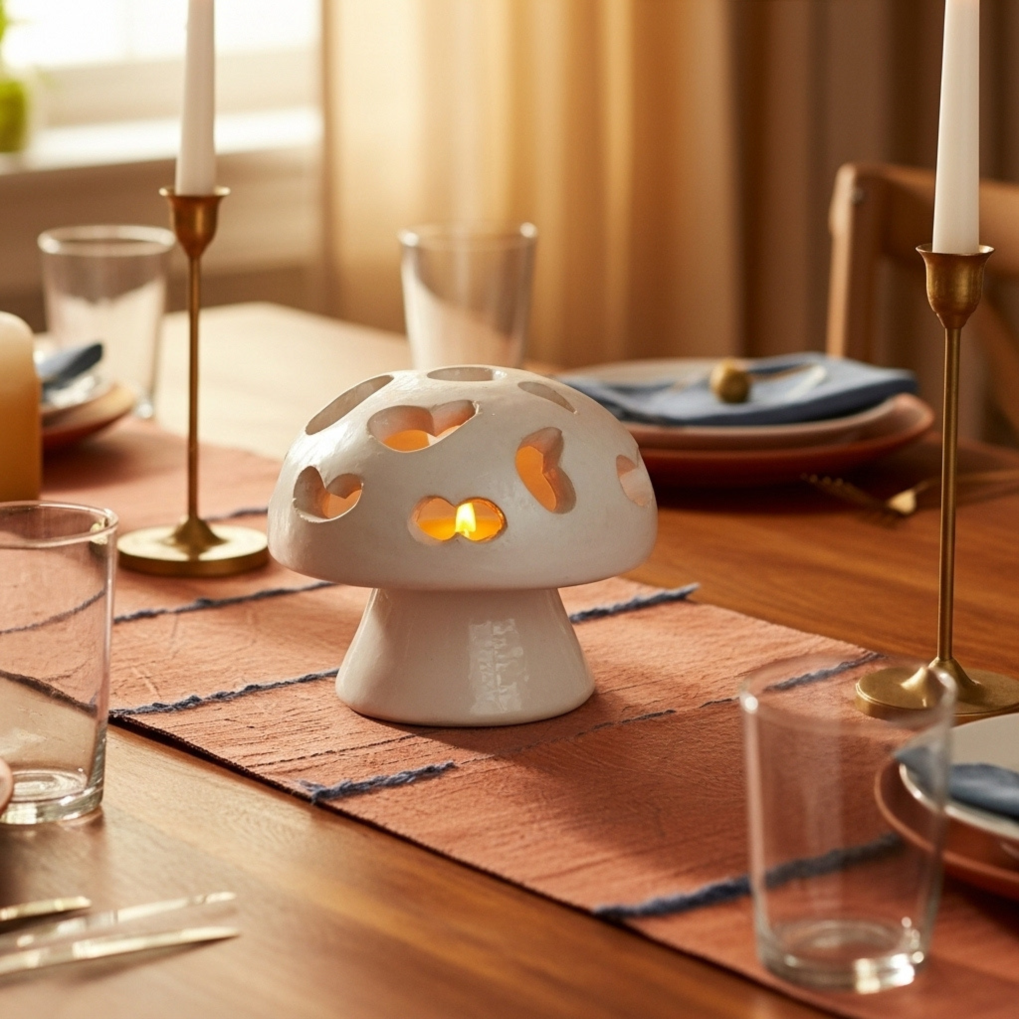 Cache-bougie Champignon à cœurs en céramique