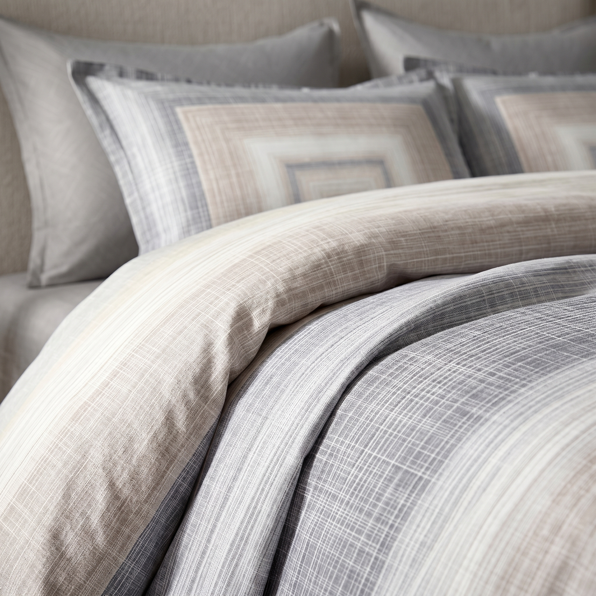 Ensemble Parure de Lit Satin Coton Rayures Texturées Gris Beige | Fiolla Home