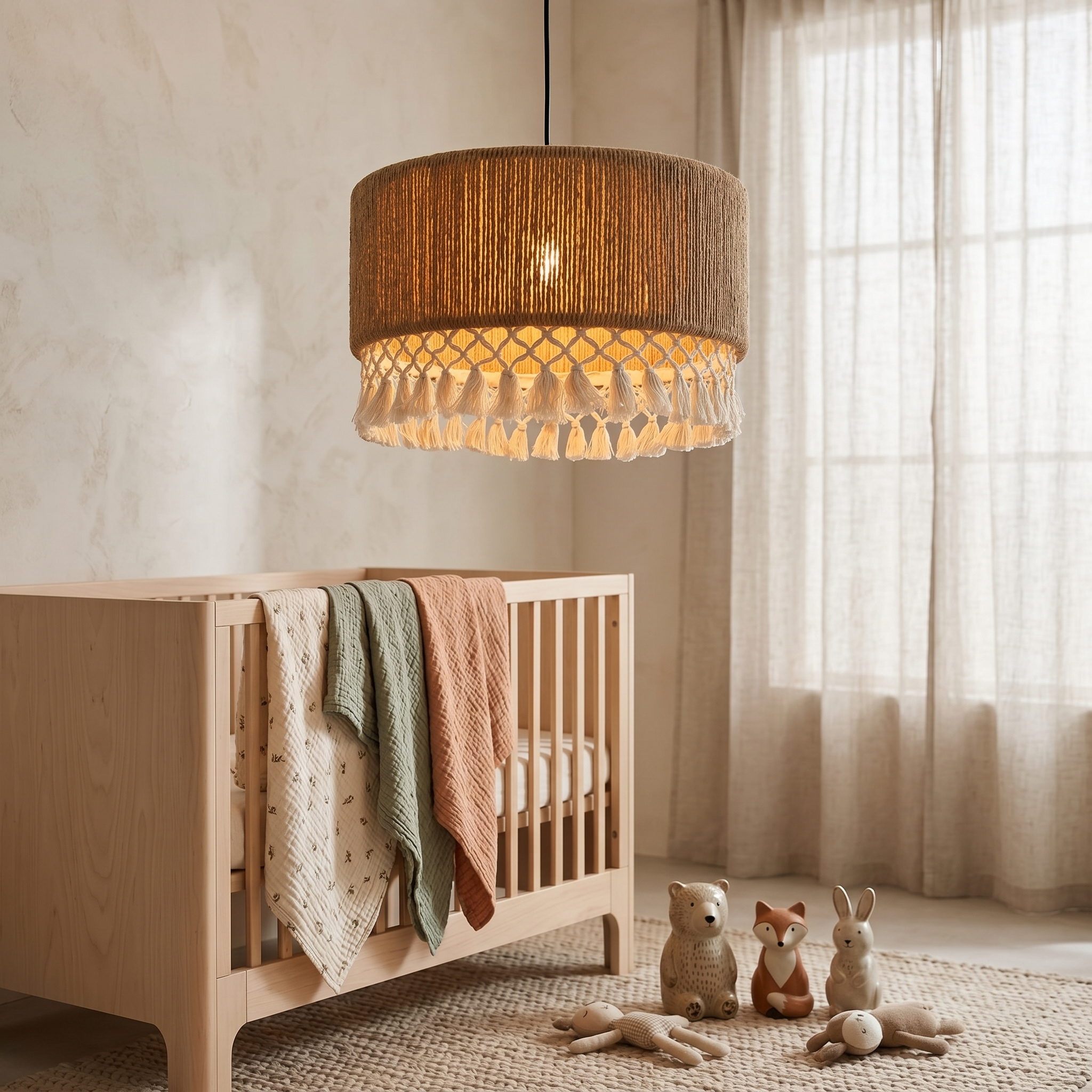 Suspension Jute Macramé Tunisie | Lustre Bohème à Pompons | Fiolla Home