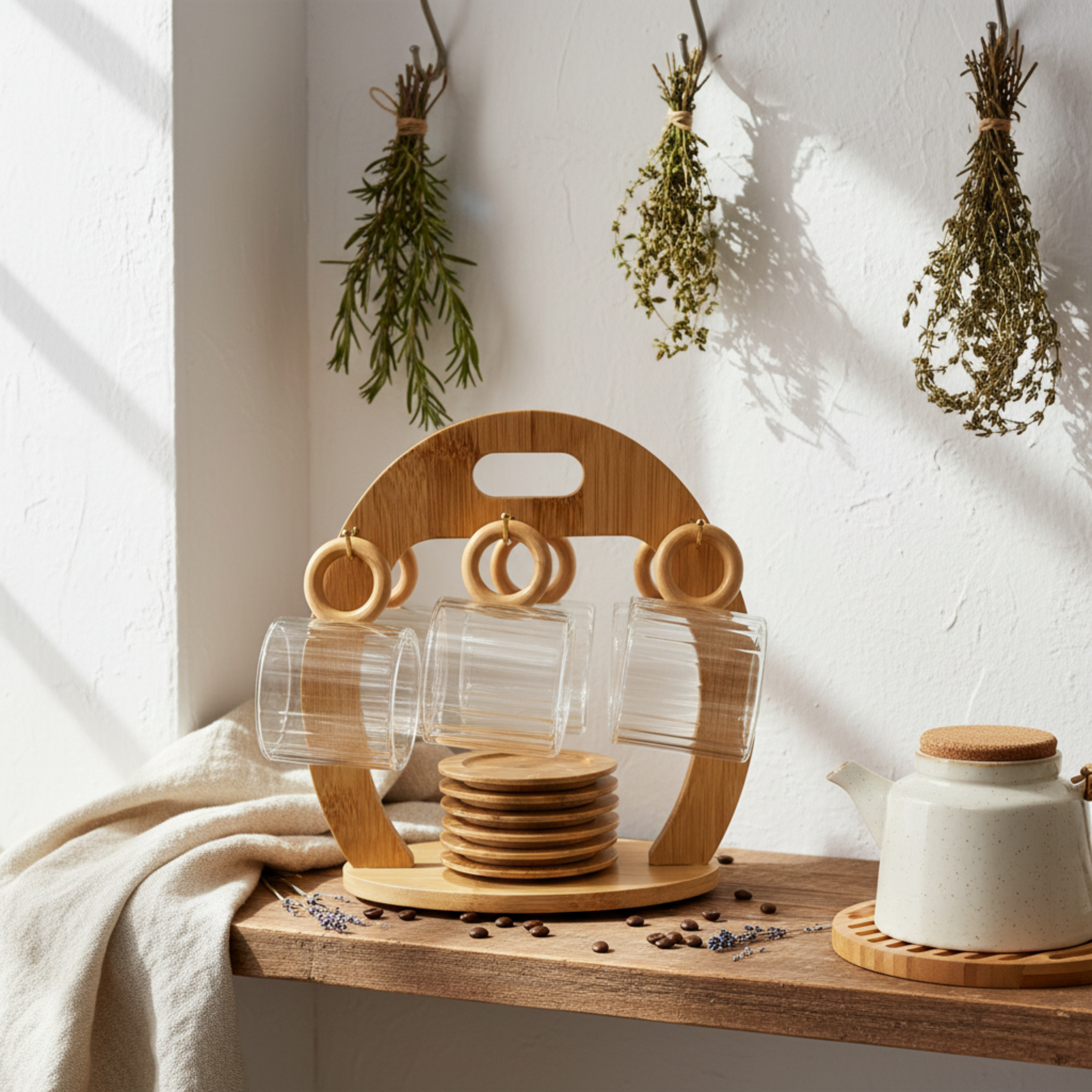 Service Café 6 Tasses Verre & Support Bois – Rangement Design Cuisine