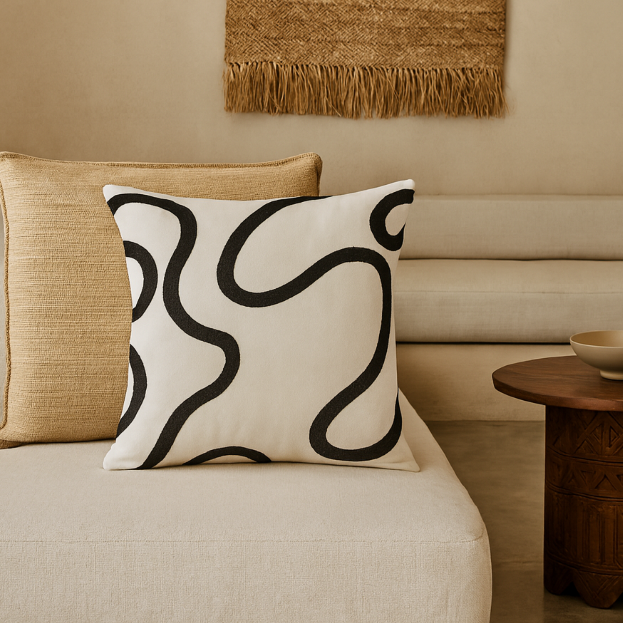 Coussin Moderne Tunisie – Motif Abstrait Noir & Blanc | Fiolla Home