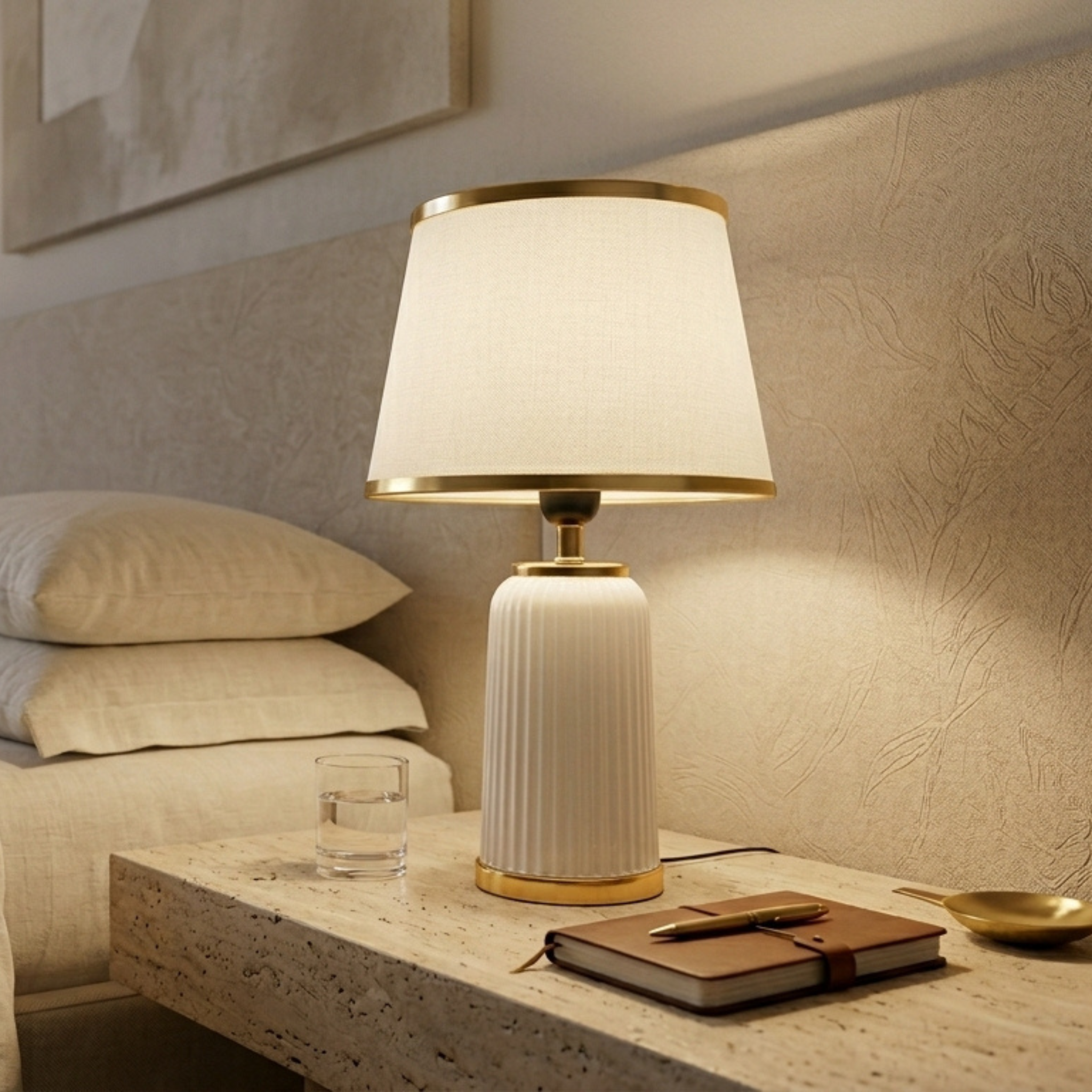 Lampe à Poser Blanche Or Tunisie | Chevet Céramique Chic | Fiolla Home