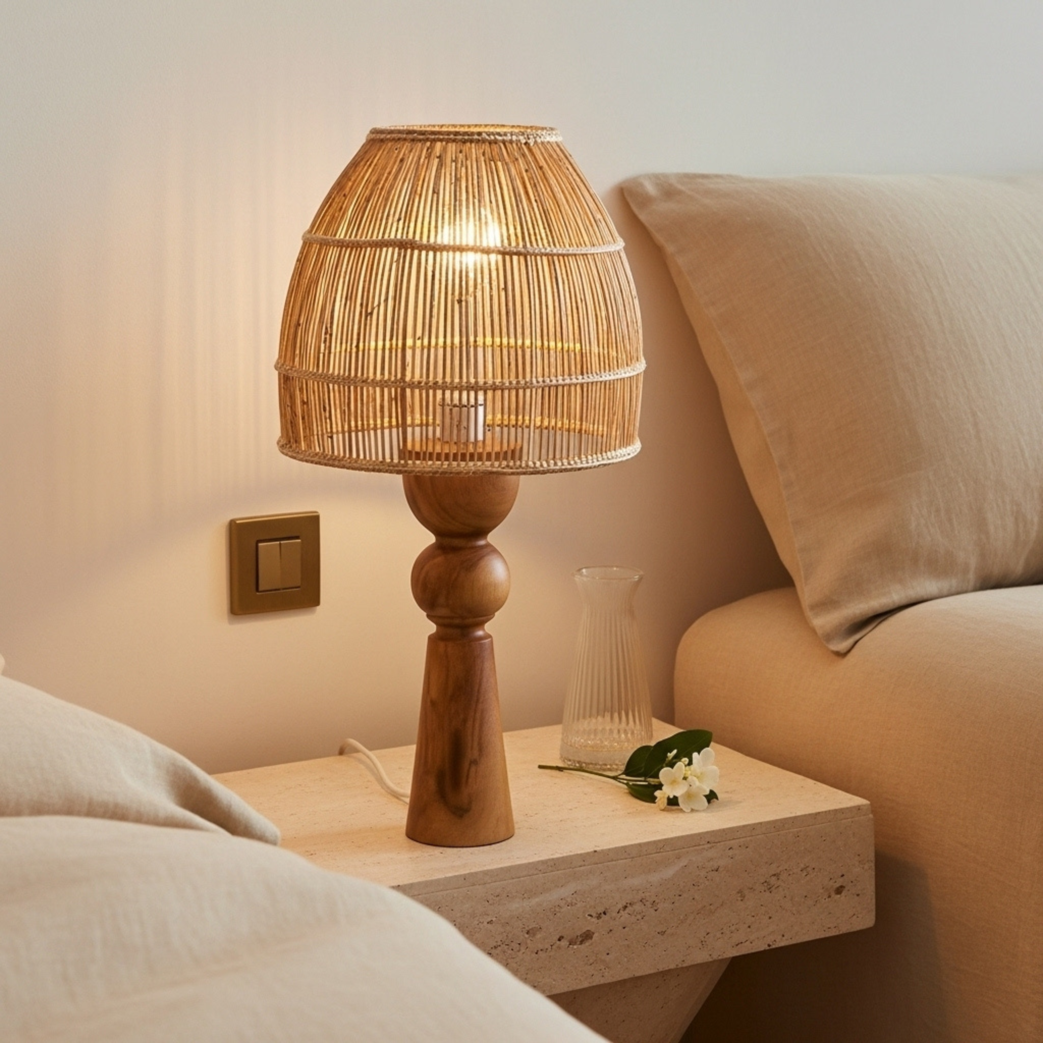 Lampe de table artisanale – base en bois d’olivier & abat-jour en fibres de palmier