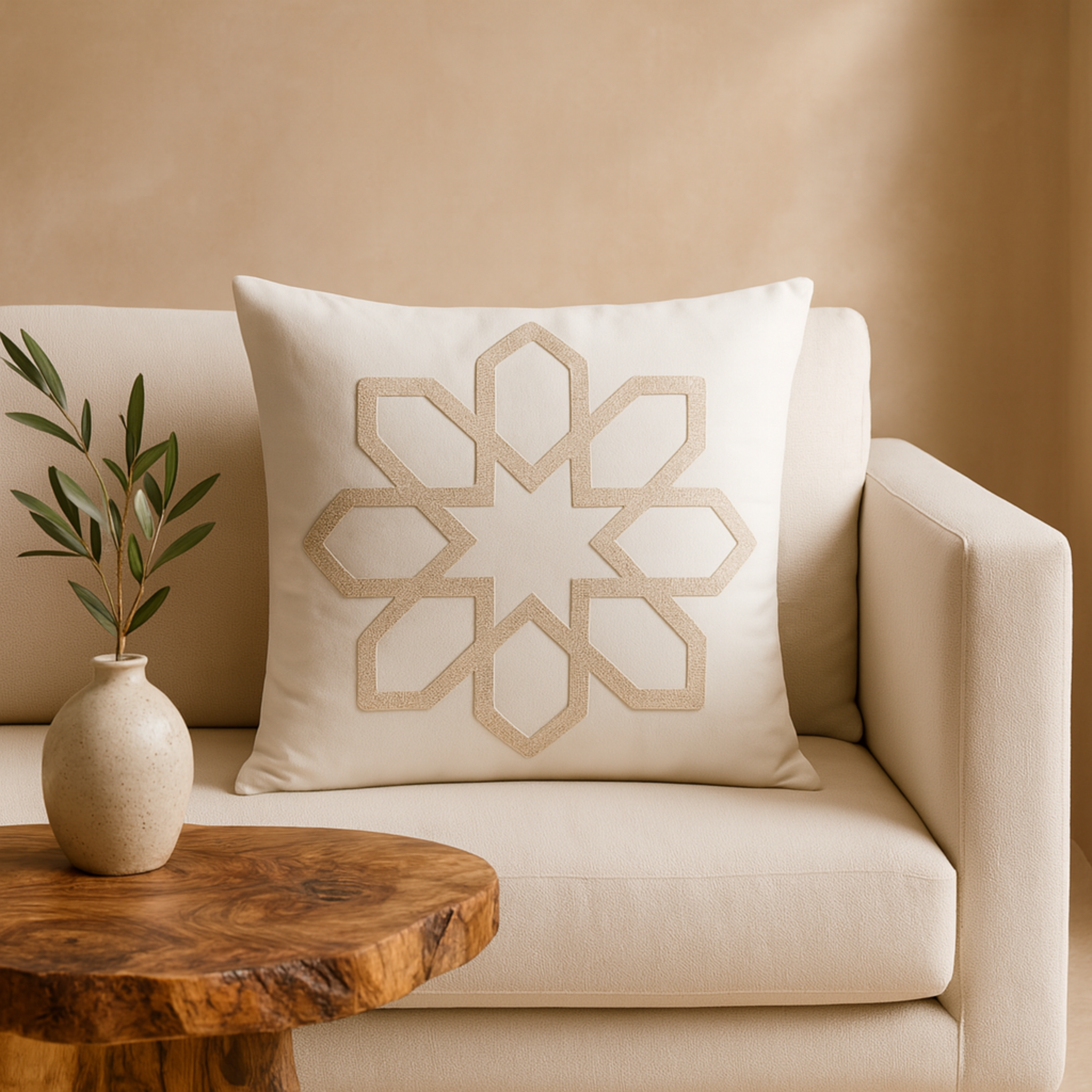 Coussin Étoile Zellige Beige – Géométrie Premium | Fiolla Home Tunisie