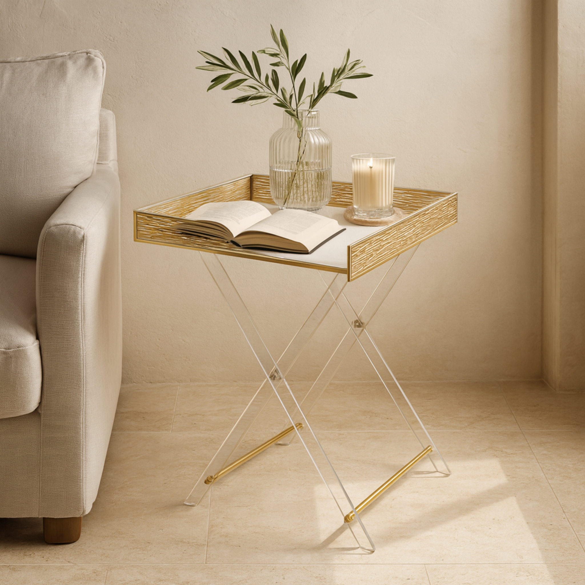 Table Pliante Plexi | Acrylique Transparent & Doré | Fiolla Home