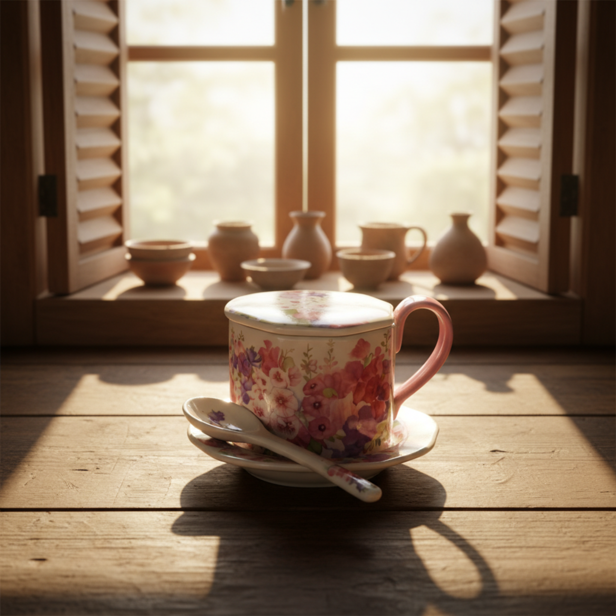 Mug Vintage Floral avec Couvercle et Cuillère – Idée Cadeau Tunisie