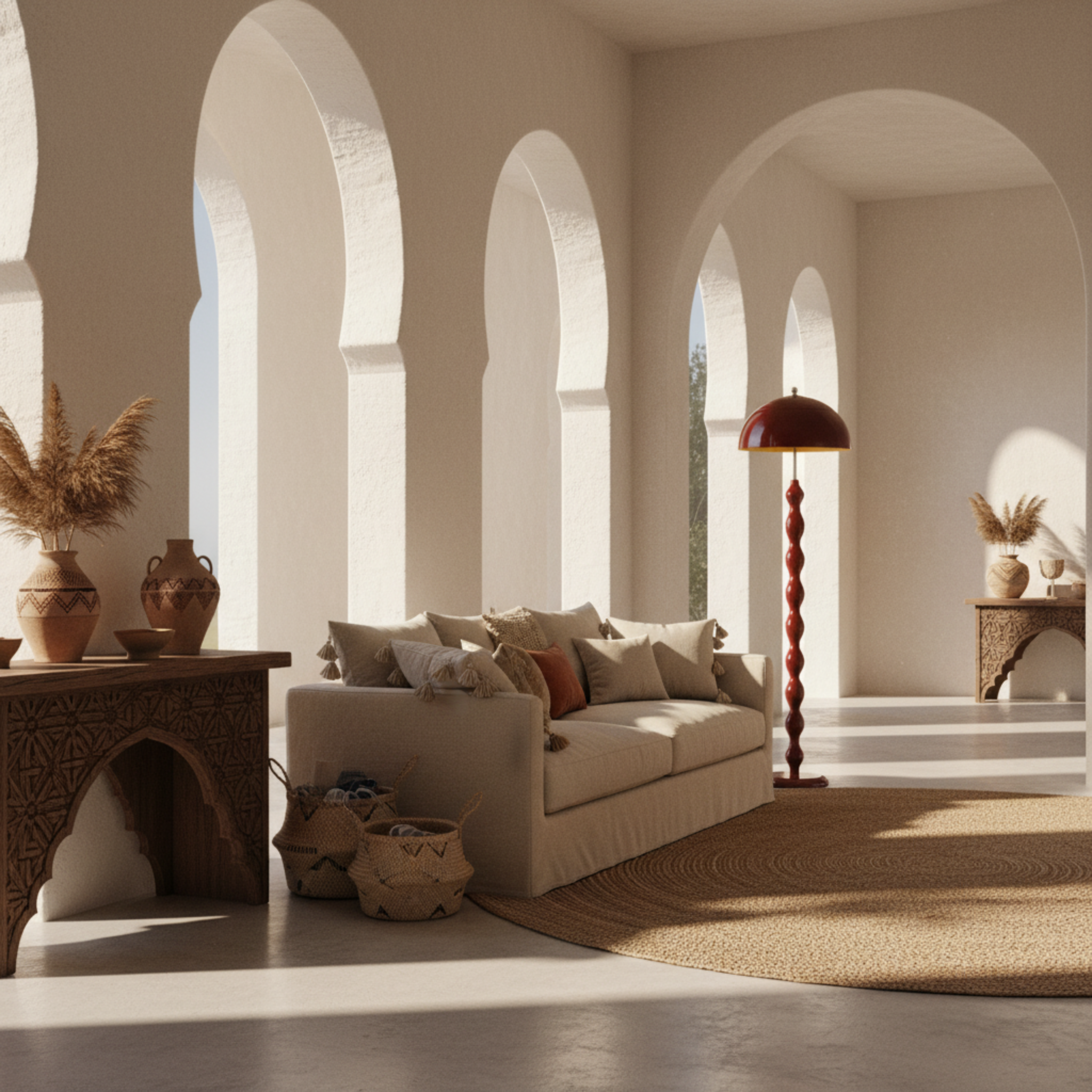 Lampadaire Design "Totem" Rouge Laqué | Luminaire Salon & Décoration Bohème Tunisie