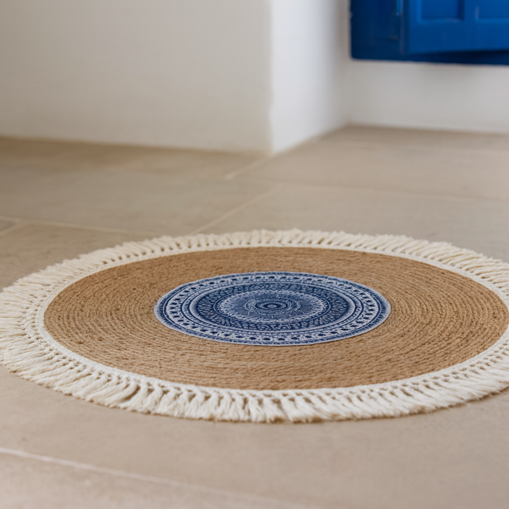Tapis rond jute mandala bleu à franges | Tunisie | Fiolla Home