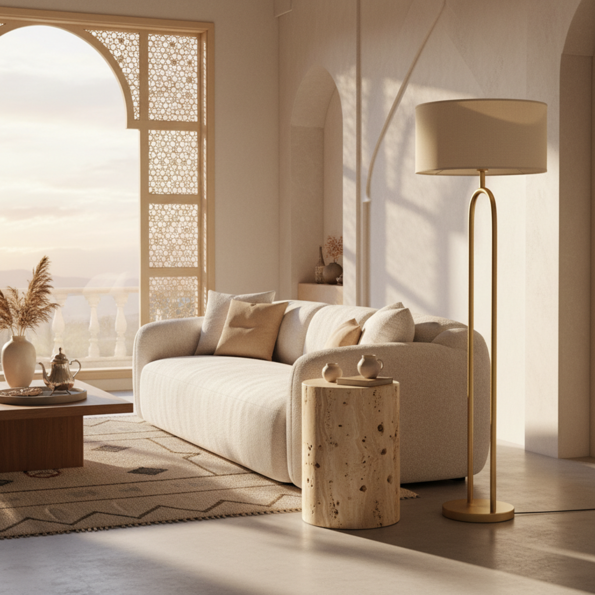 Lampadaire Design Arceau Doré – Élégance Moderne & Abat-jour Beige