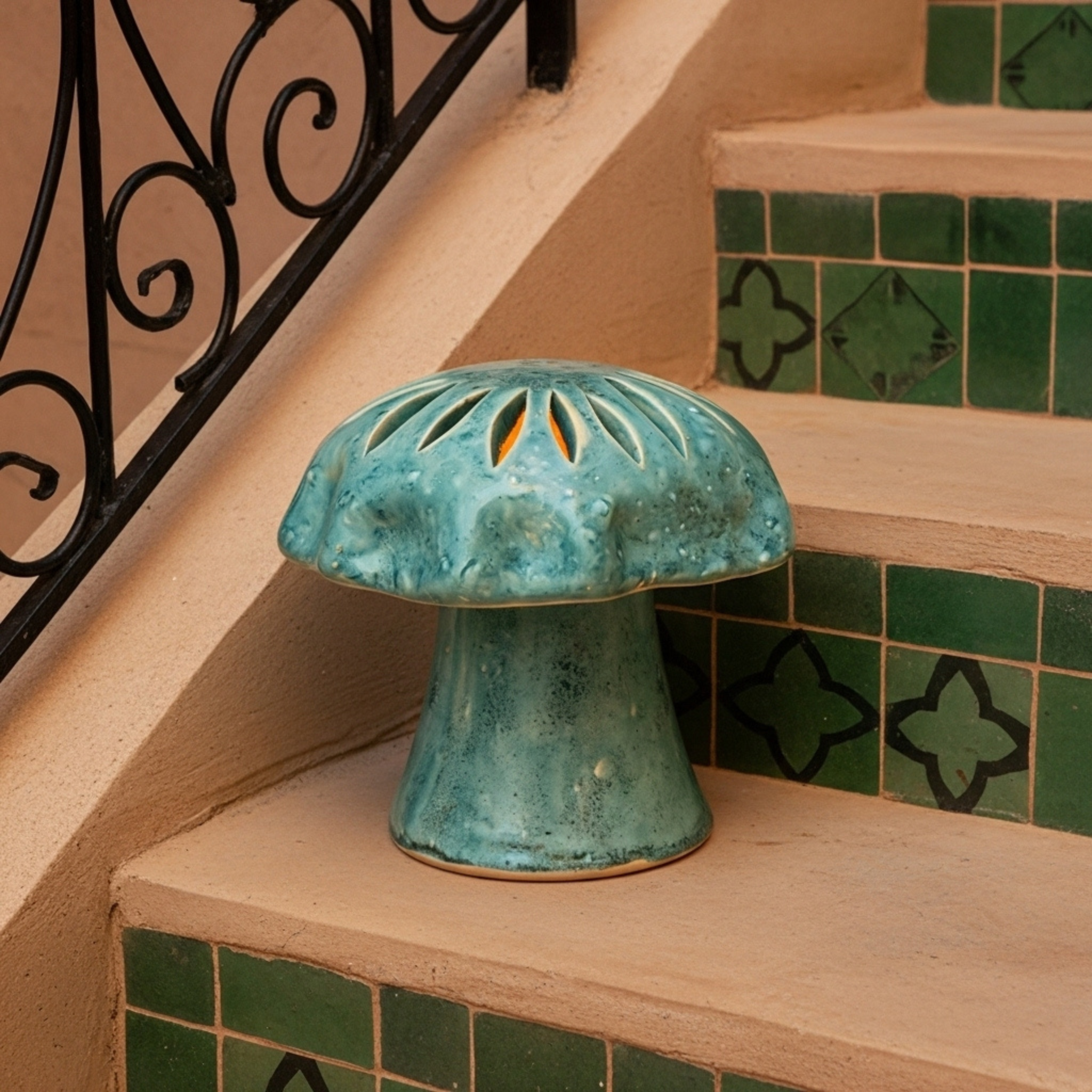 Cache-bougie Champignon en céramique turquoise – Style tunisien