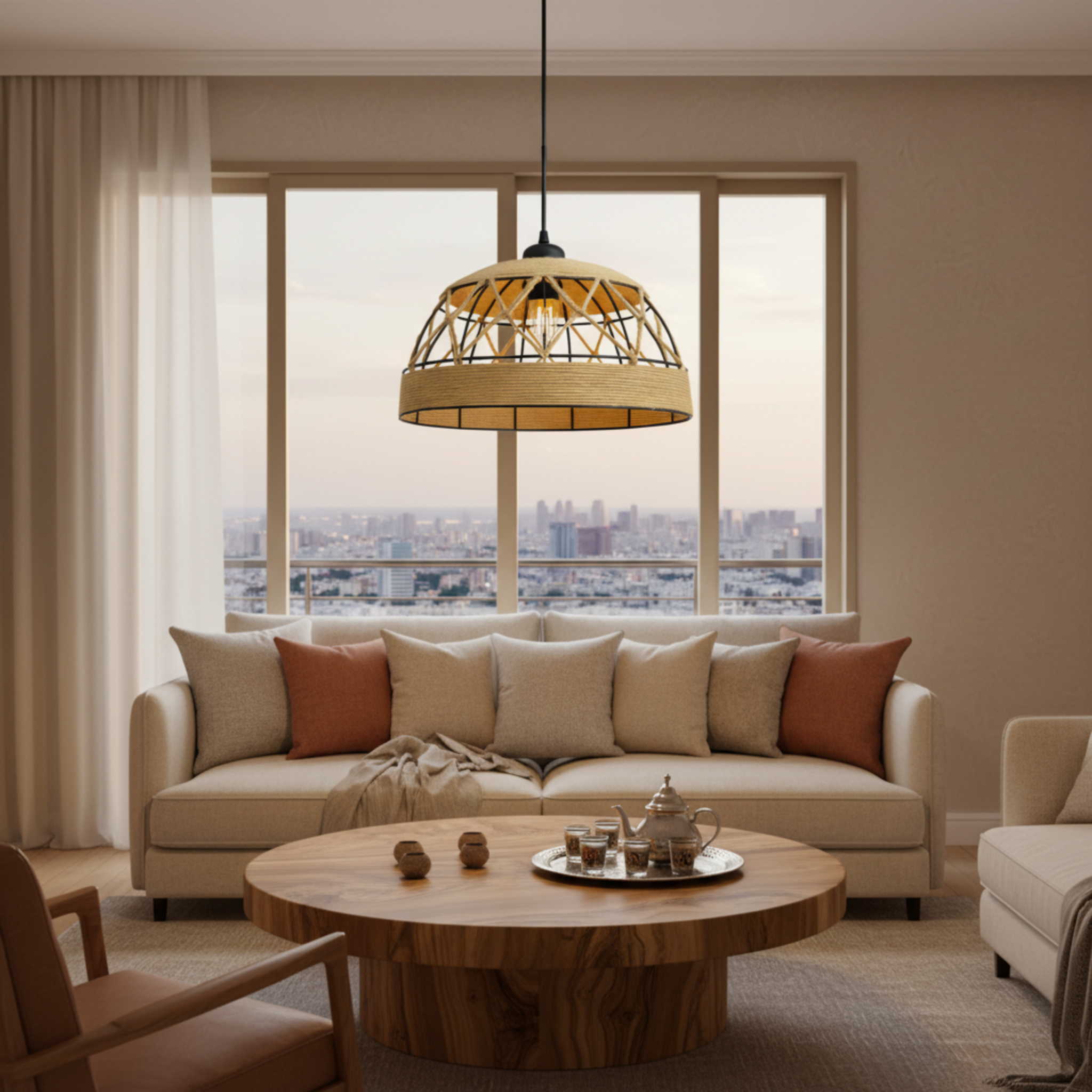 Suspension "Atlas" Géométrique – Lustre en Jute Tressé et Métal Noir