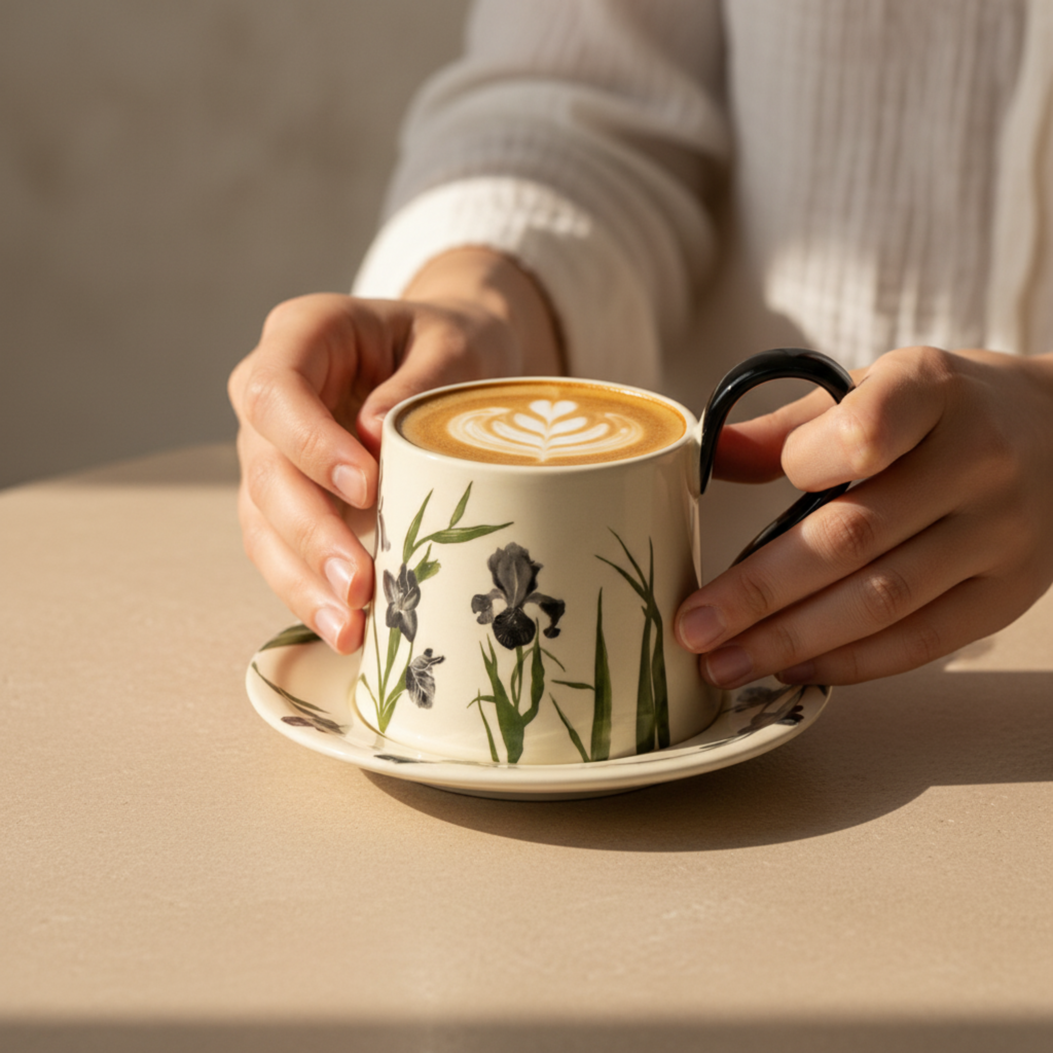 Mug Iris Noir en Céramique avec Sous-Tasse – Élégance Moderne