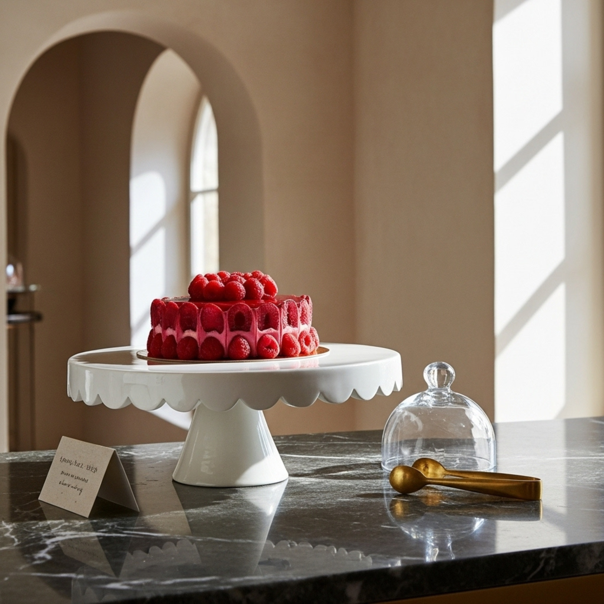 Présentoir à gâteau en céramique – Blanc ivoire, bord ondulé (100% fait main, Tunisie)