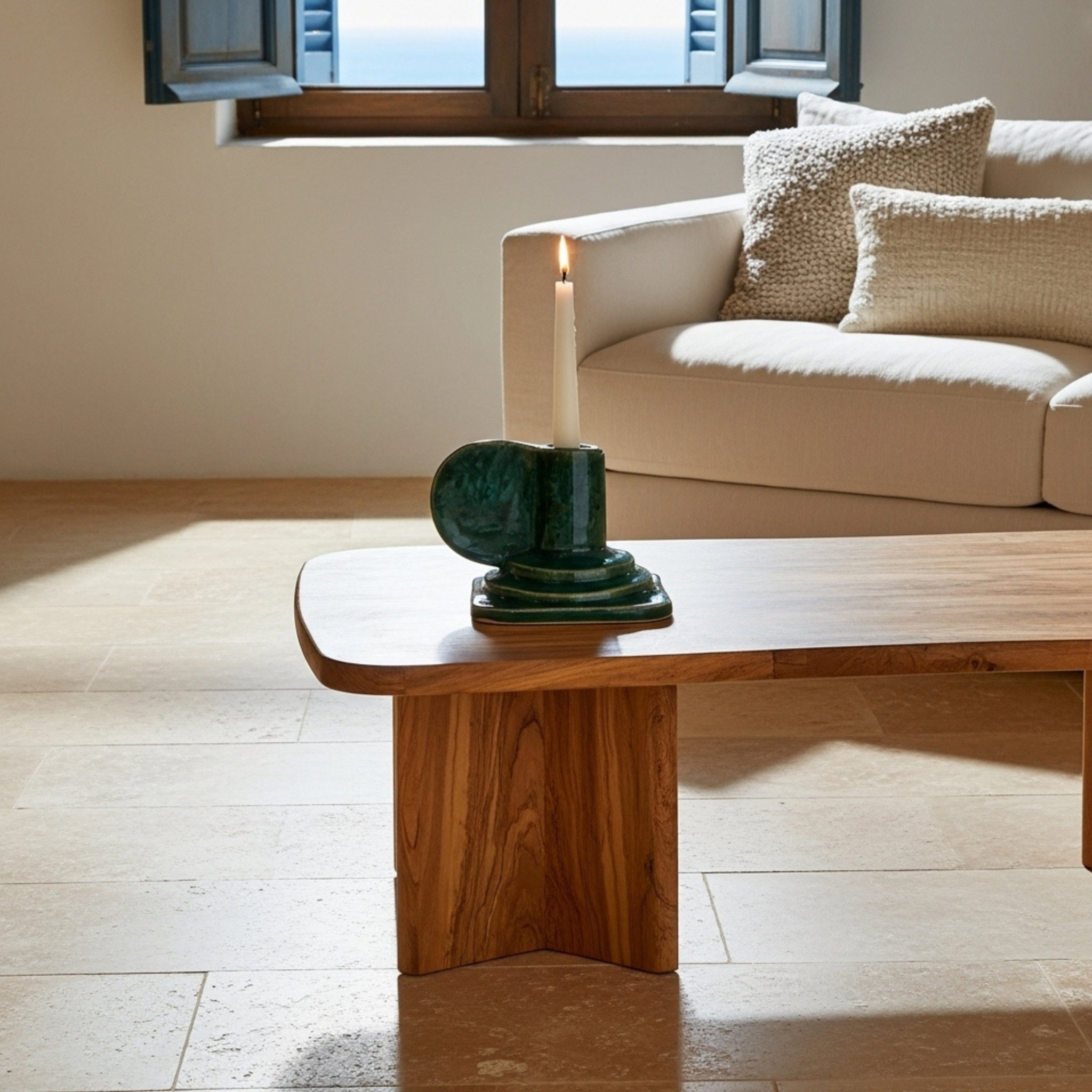 Porte-Bougie à Anse en Céramique – Vert Émaillé