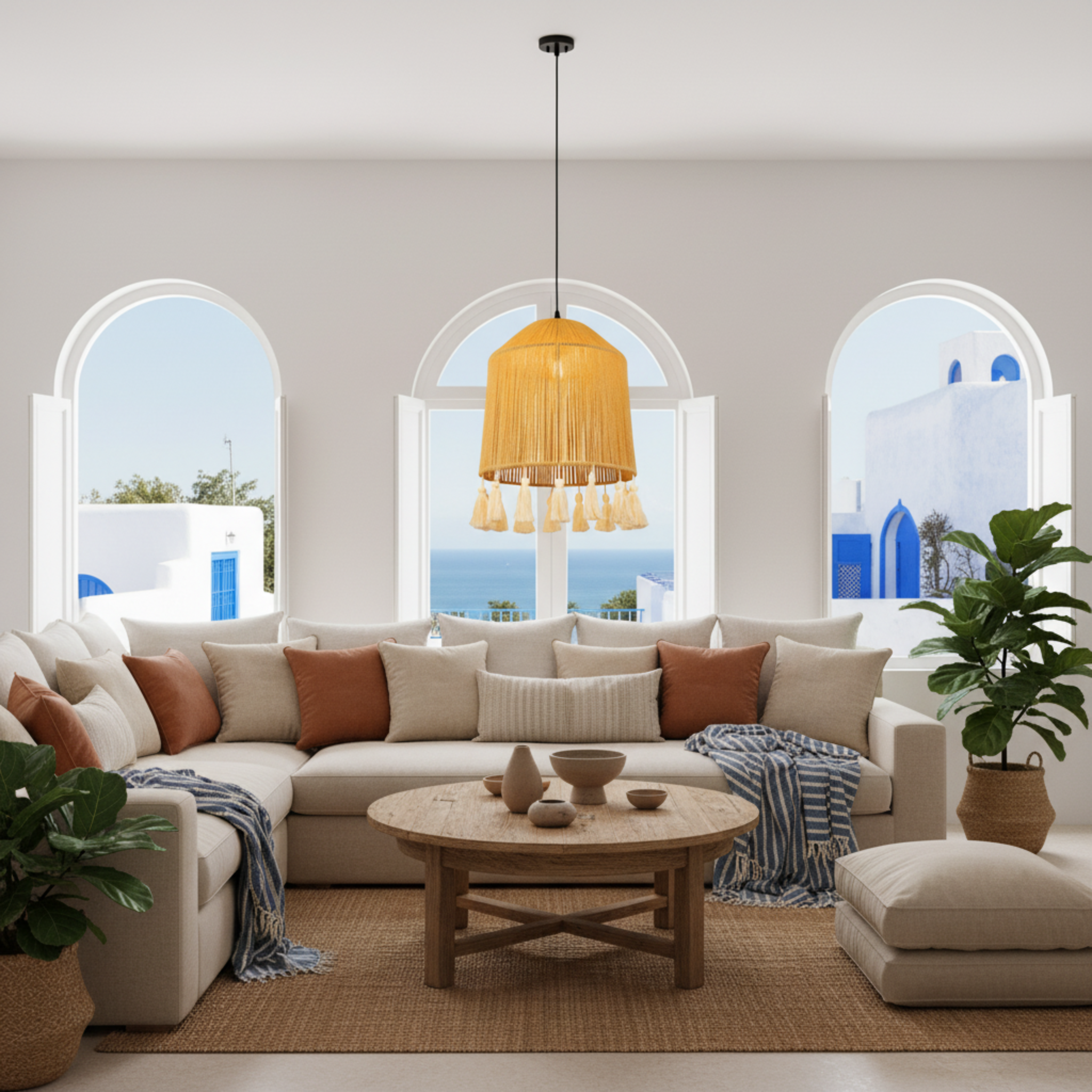 Suspension Bohème "Yasmine" – Lustre en Jute Tressé à Pompons