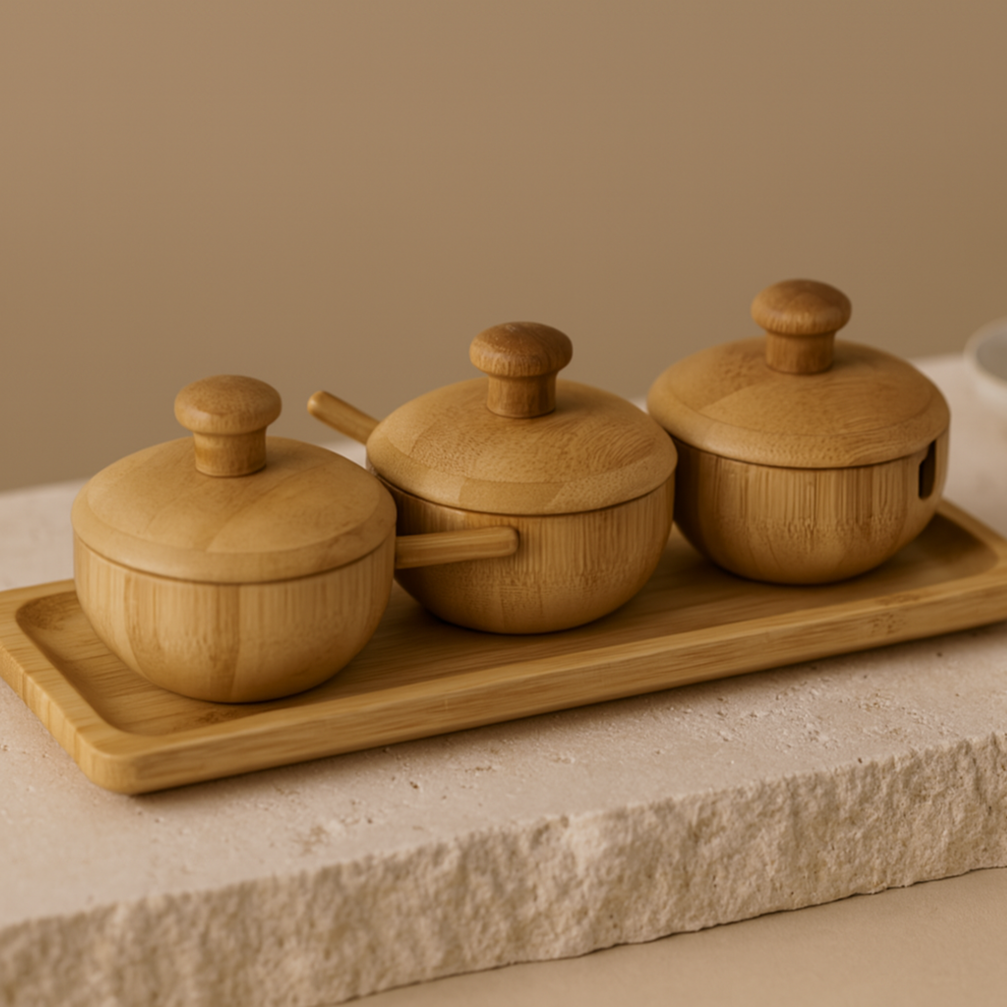 Trio de pots à épices en bambou | Cuillères et plateau | Fiolla Home