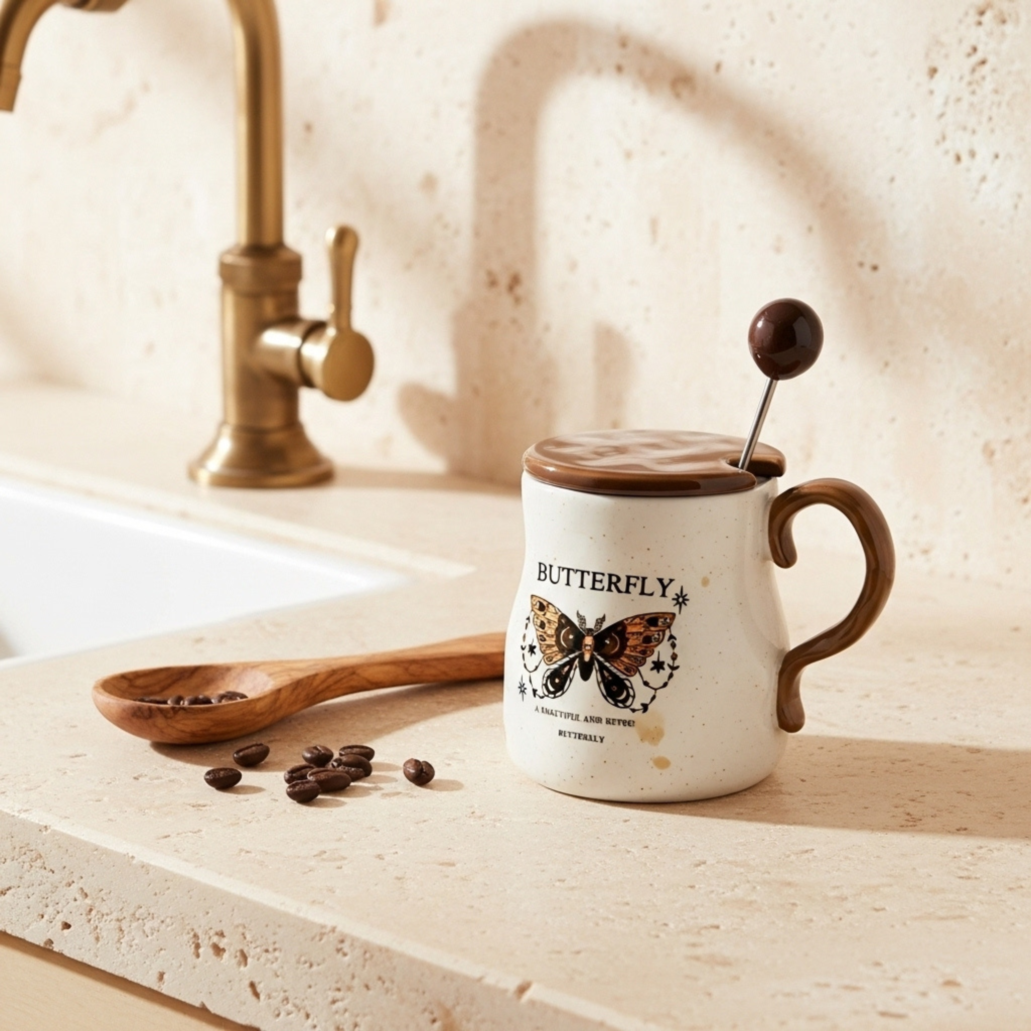Mug Butterfly Rétro en Céramique – Couvercle & Cuillère