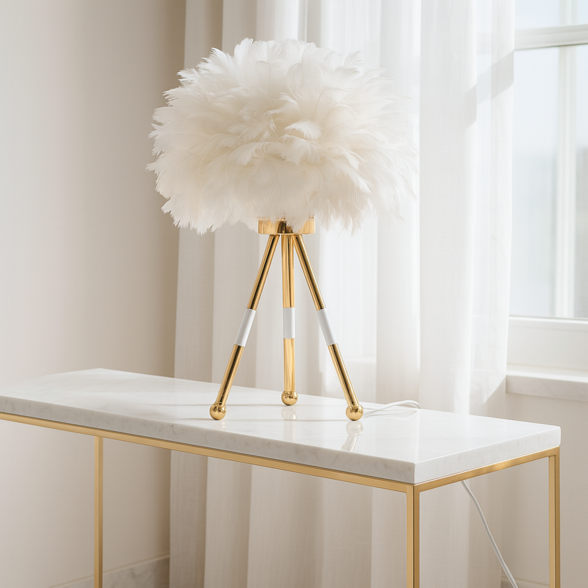 Lampe à Plumes Tripode Blanc et Doré – Design Bohème Chic