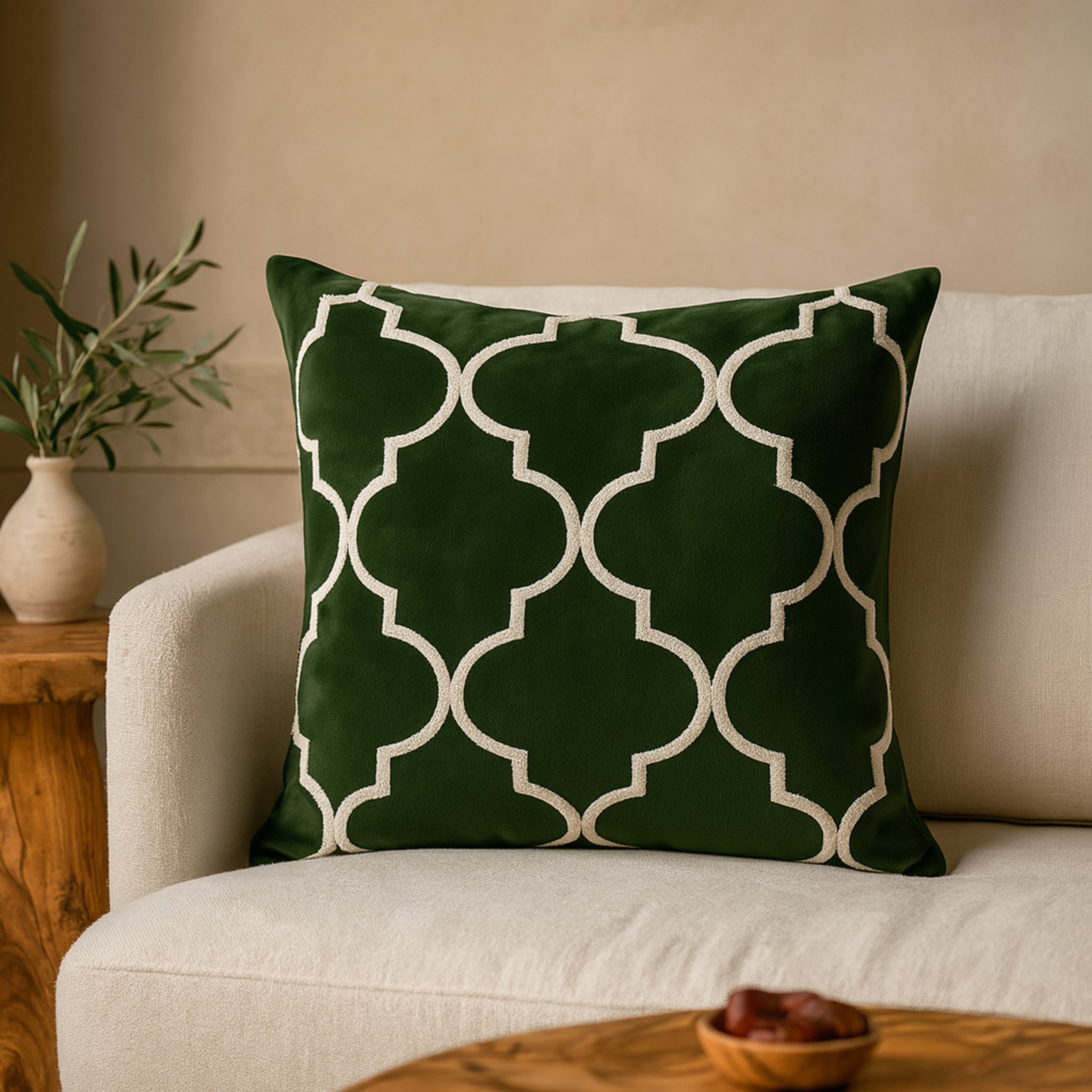 Coussin Vert Tunisie – Treillis Arabesque Zellige en Velours | Fiolla Home