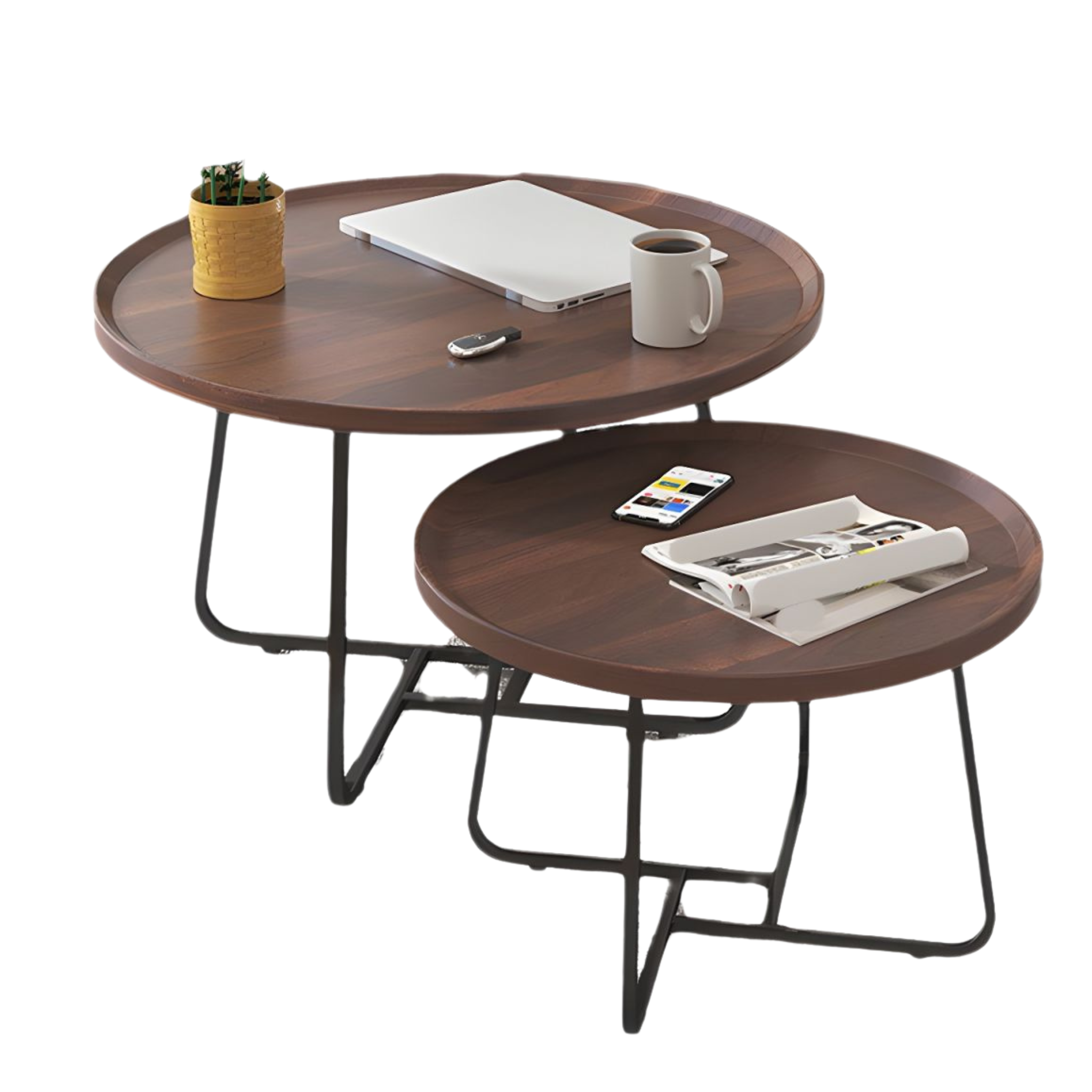 Tables Basses Rondes Design – Bois Foncé & Pieds Métalliques | Fiolla Home Tunisie