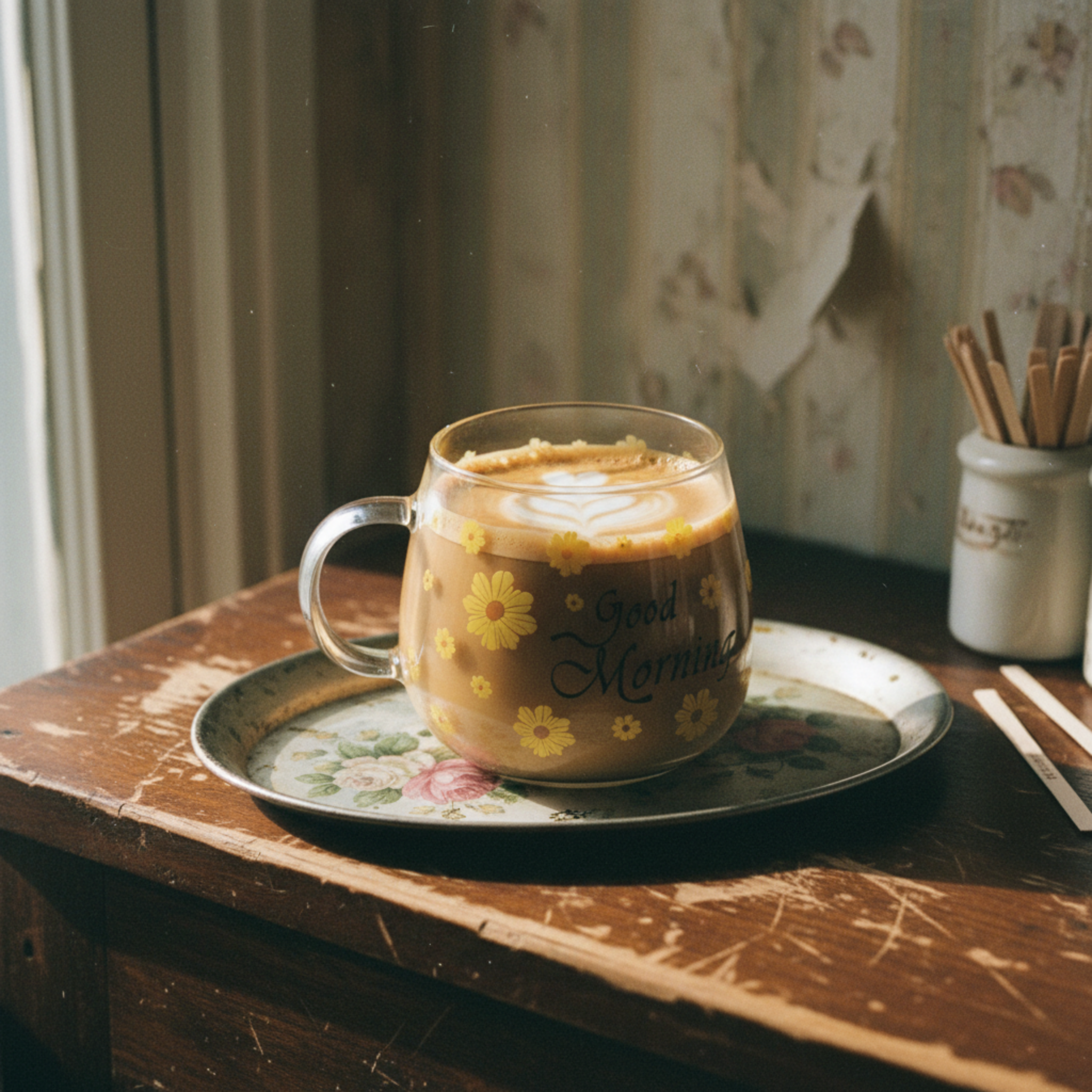 Mug en Verre Fleur Jaune "Good Morning" – Tasse Café & Latte Design