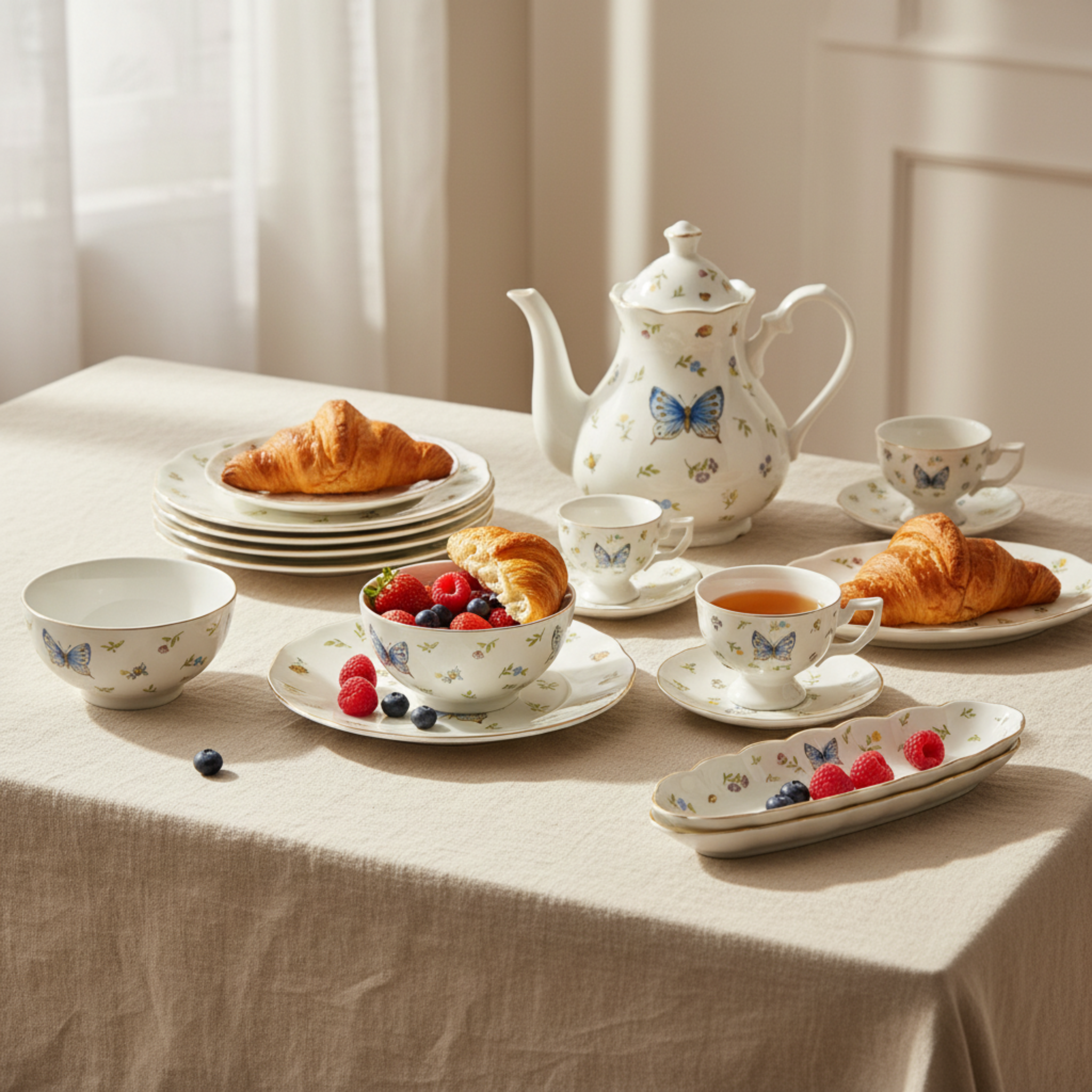 Service Petit Déjeuner Complet 29 Pièces - Porcelaine Motif Papillon