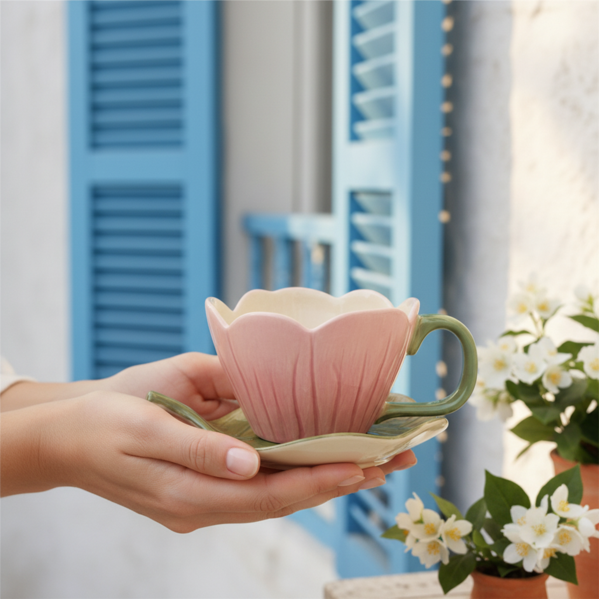 Mug Fleur Rose en Céramique avec Sous-Tasse Feuille – Style Bohème