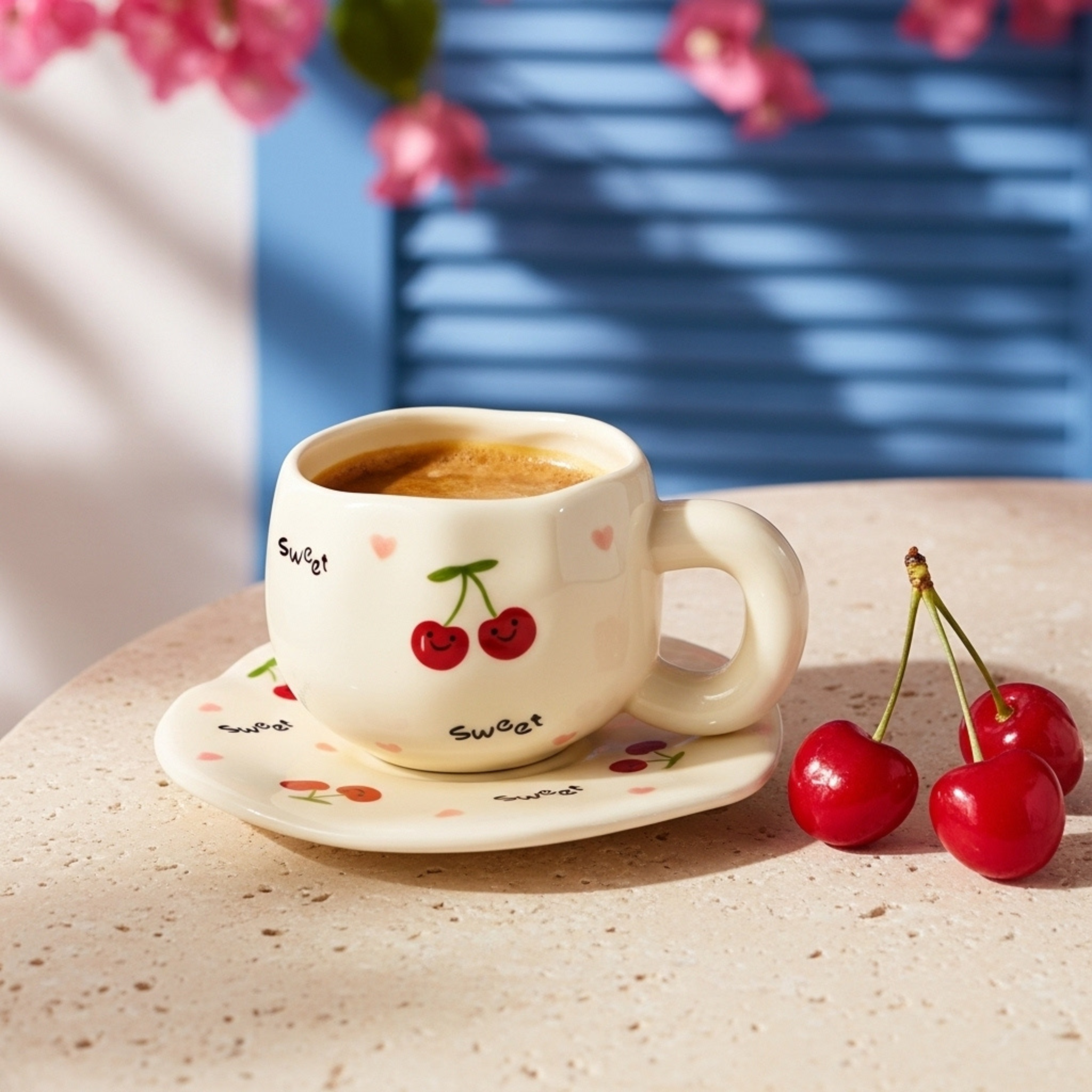Mug Cerises Kawaii – Set Tasse & Sous-Tasse pour Café