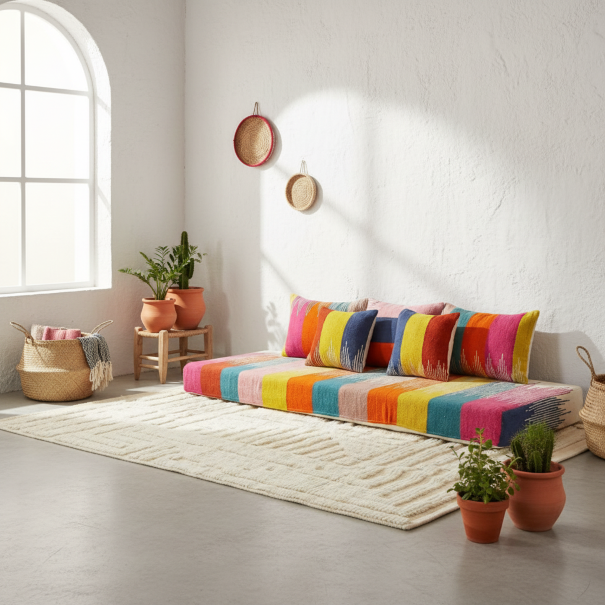 Canapé de Sol en Laine Fait Main + 5 Coussins – Pièce Unique Bohème