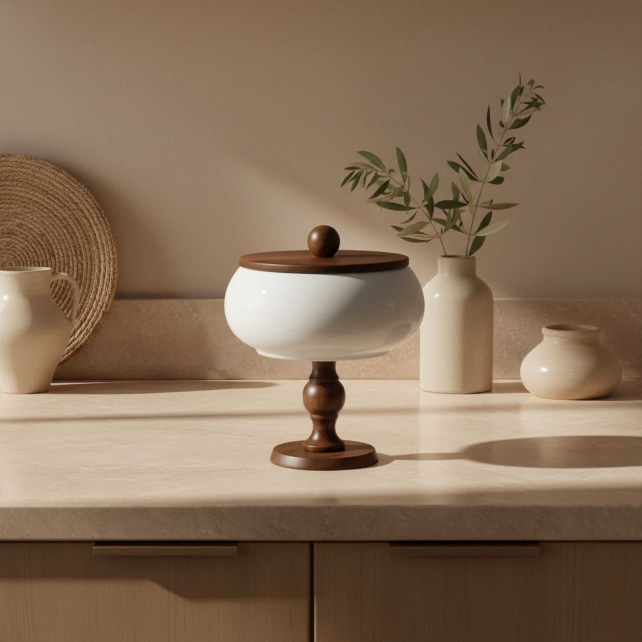 Grande Bonbonnière Design sur Pied en Bois & Céramique – Grand Modèle