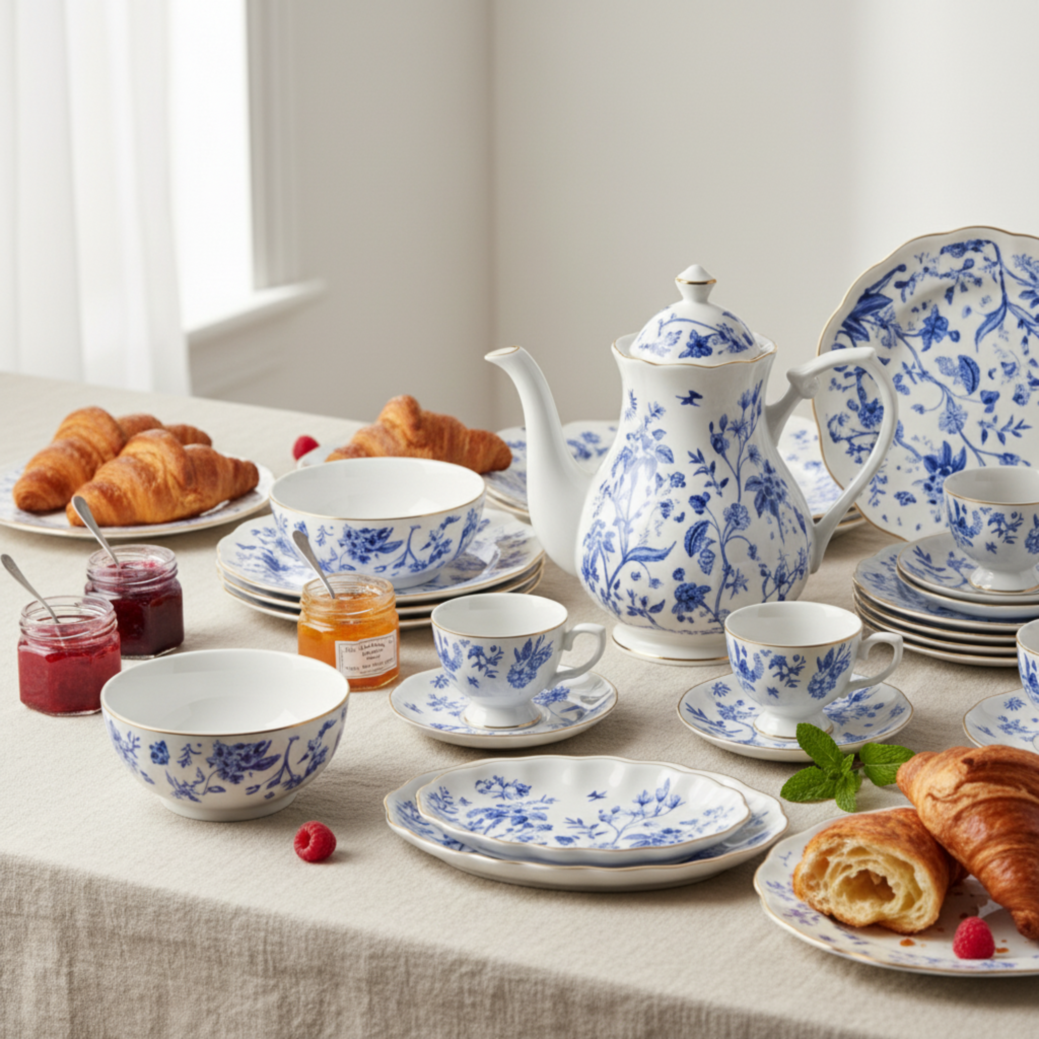 Service Petit Déjeuner 29 Pièces – Porcelaine Bleue & Dorure