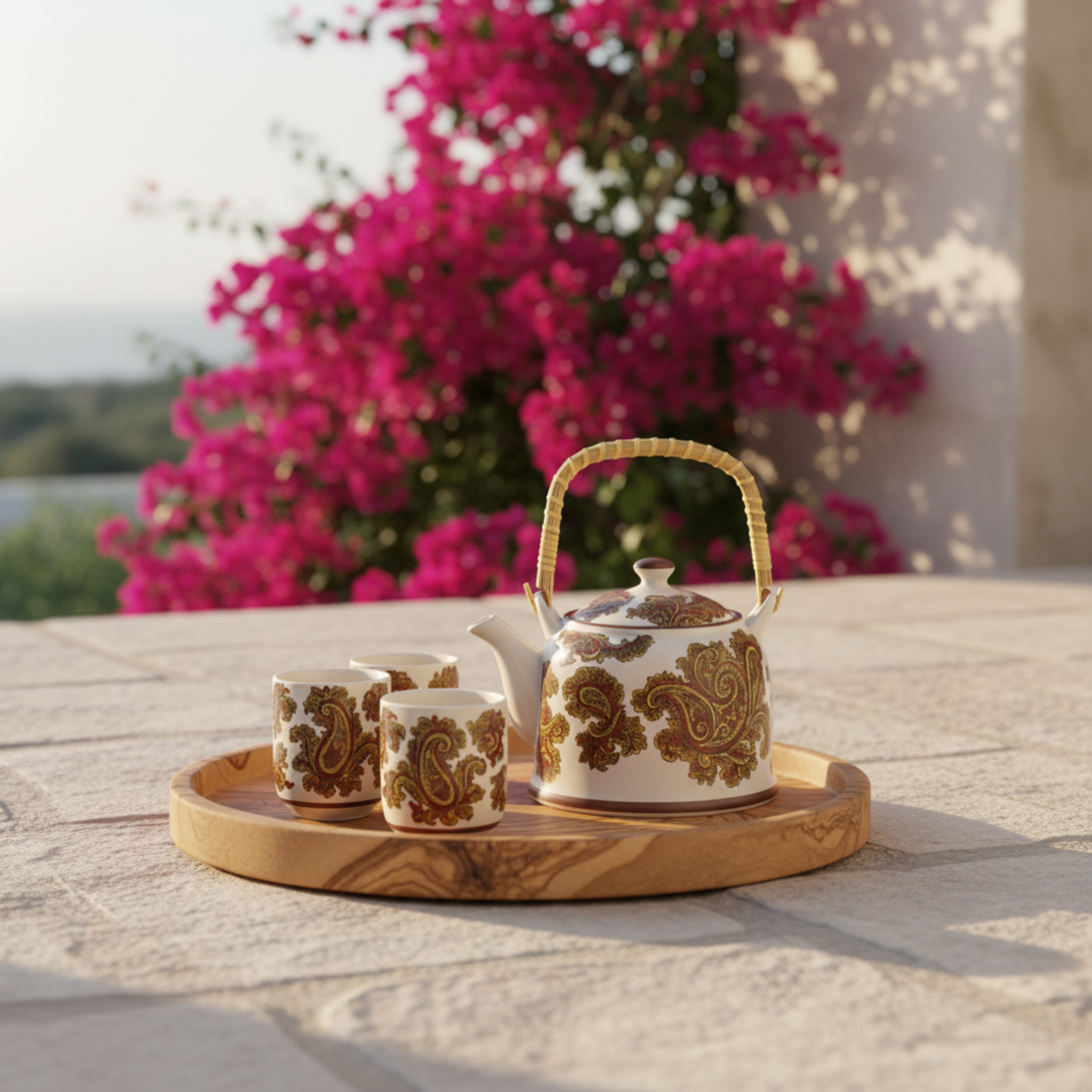 Service à Thé Crème Paisley Or-Rouge – Céramique 7 pièces